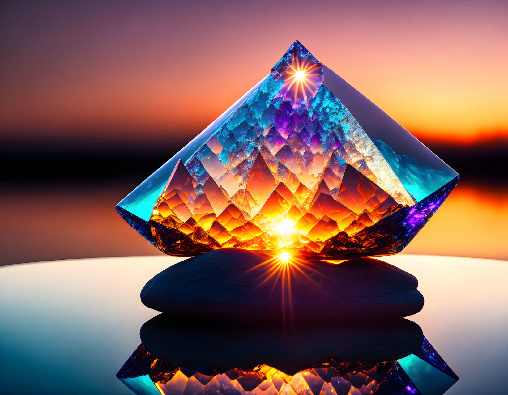 Crystal pyramid on dark stones under vivid sunset.