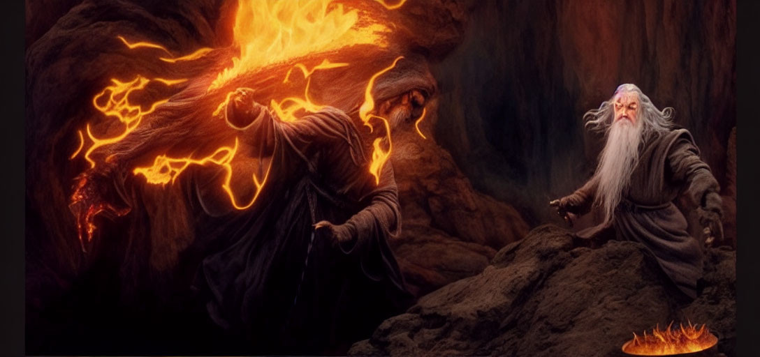 Wizard Battle: Shadowed vs. White Robes with Fiery Magic