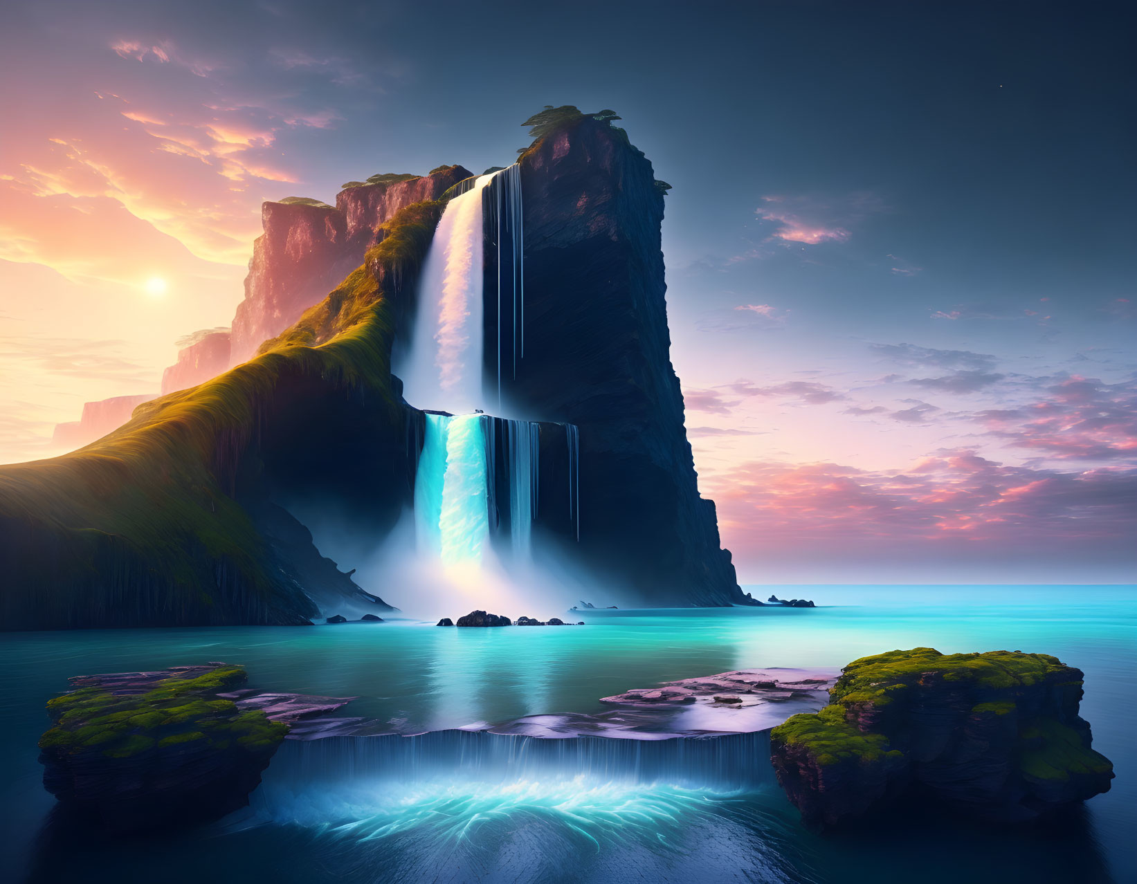 Majestic waterfall cascading into serene ocean at sunset