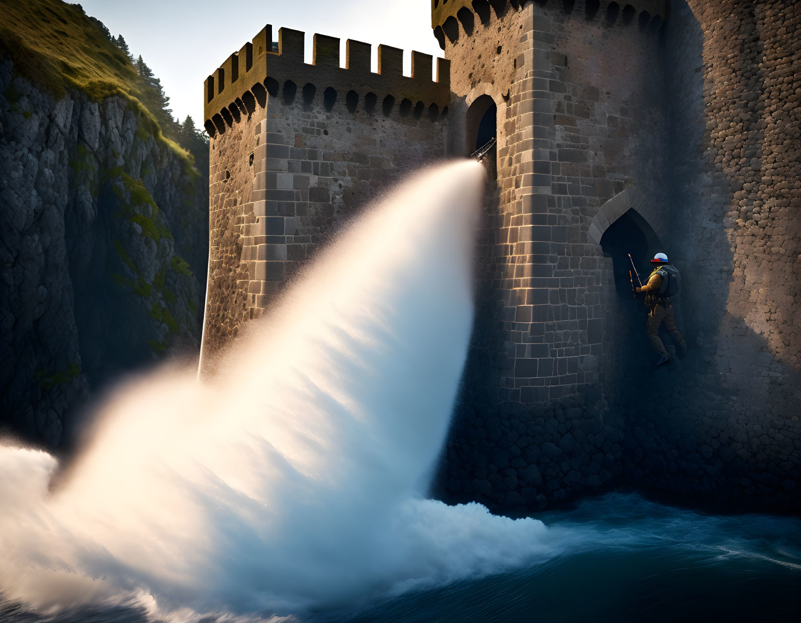 Person clinging to cliffside rope near castle with massive waterfall