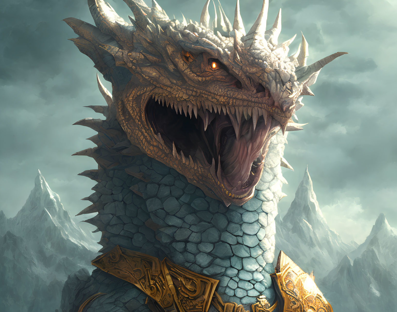 Detailed portrayal of fierce dragon head with sharp teeth, glowing eyes, ornate gold armor, against mountain