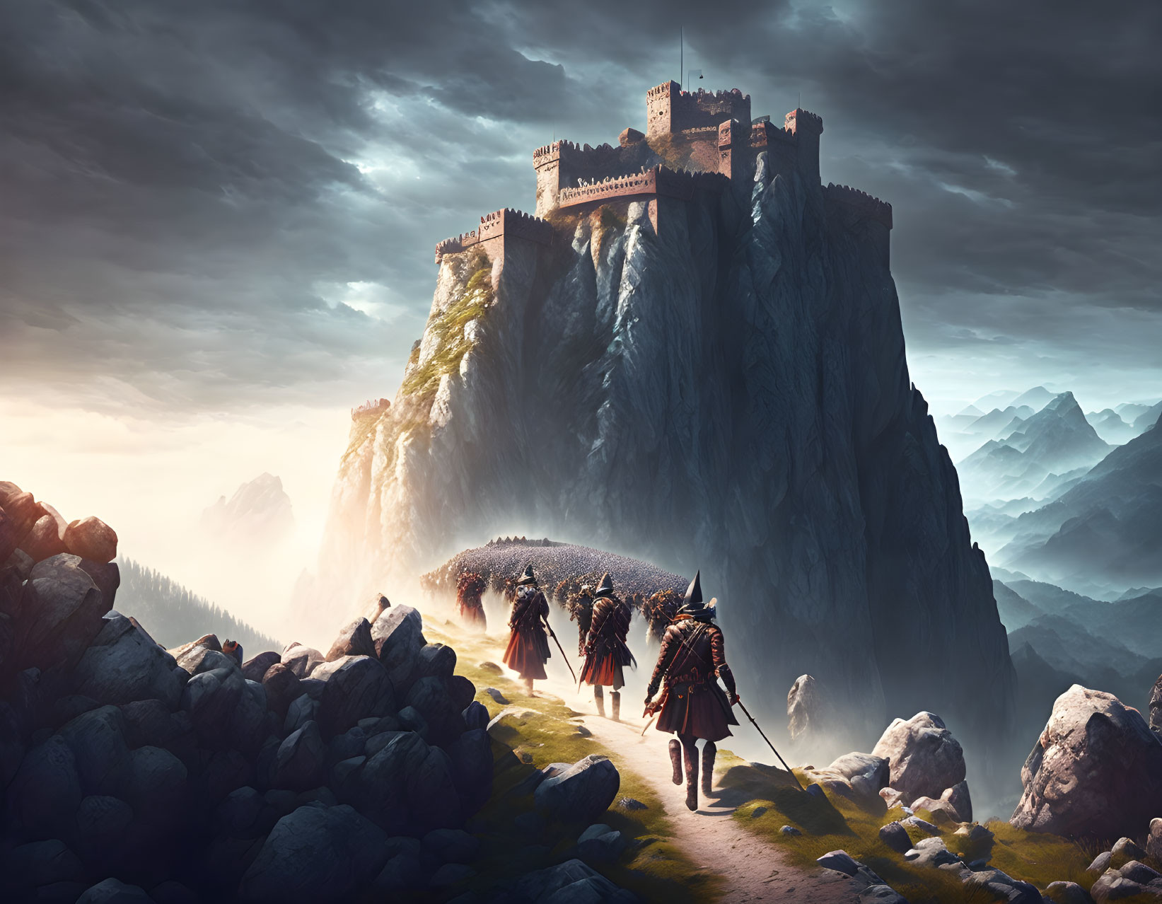 Medieval warriors near majestic cliff-top castle in mountainous landscape