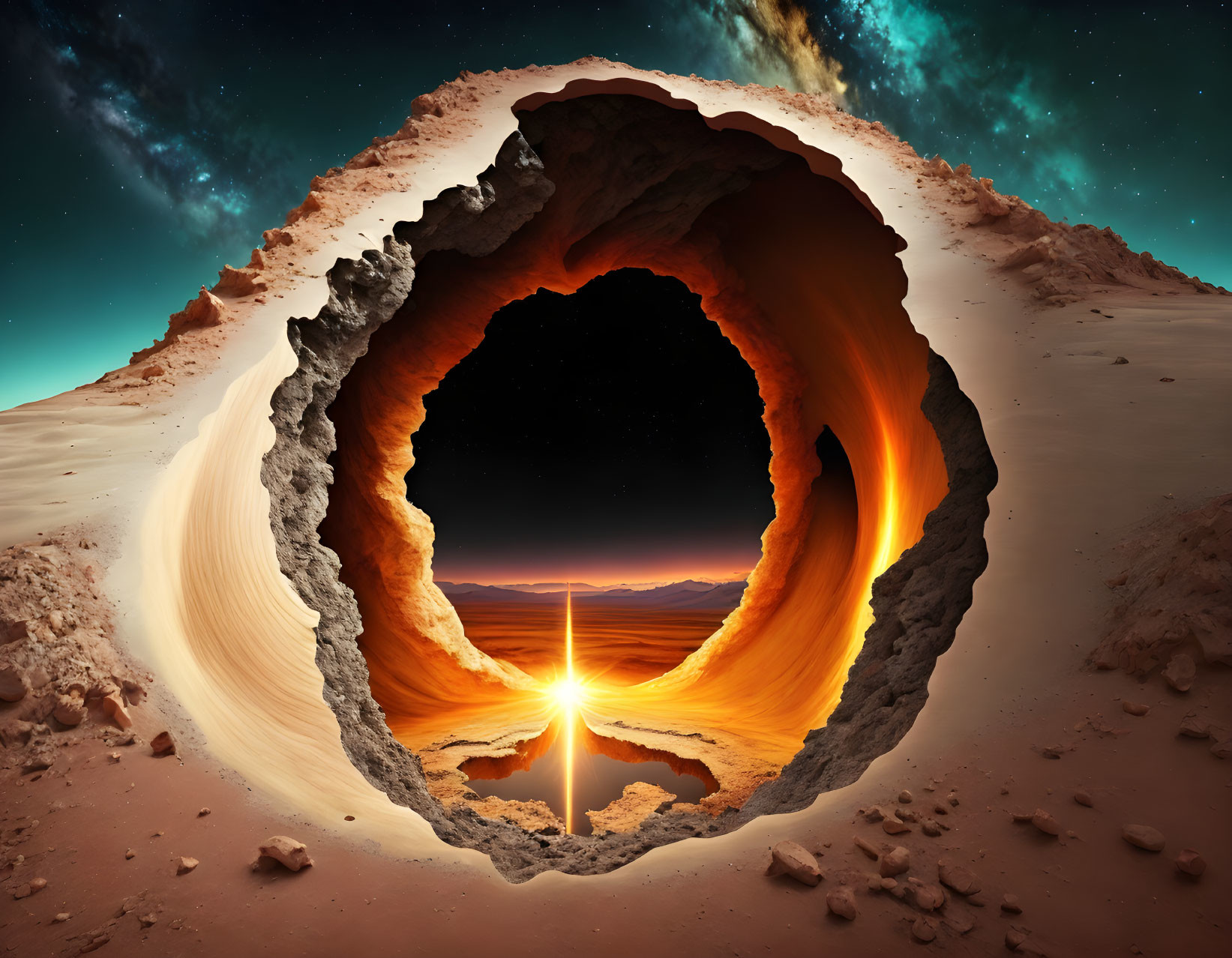 Surreal desert tunnel under star-filled sunset