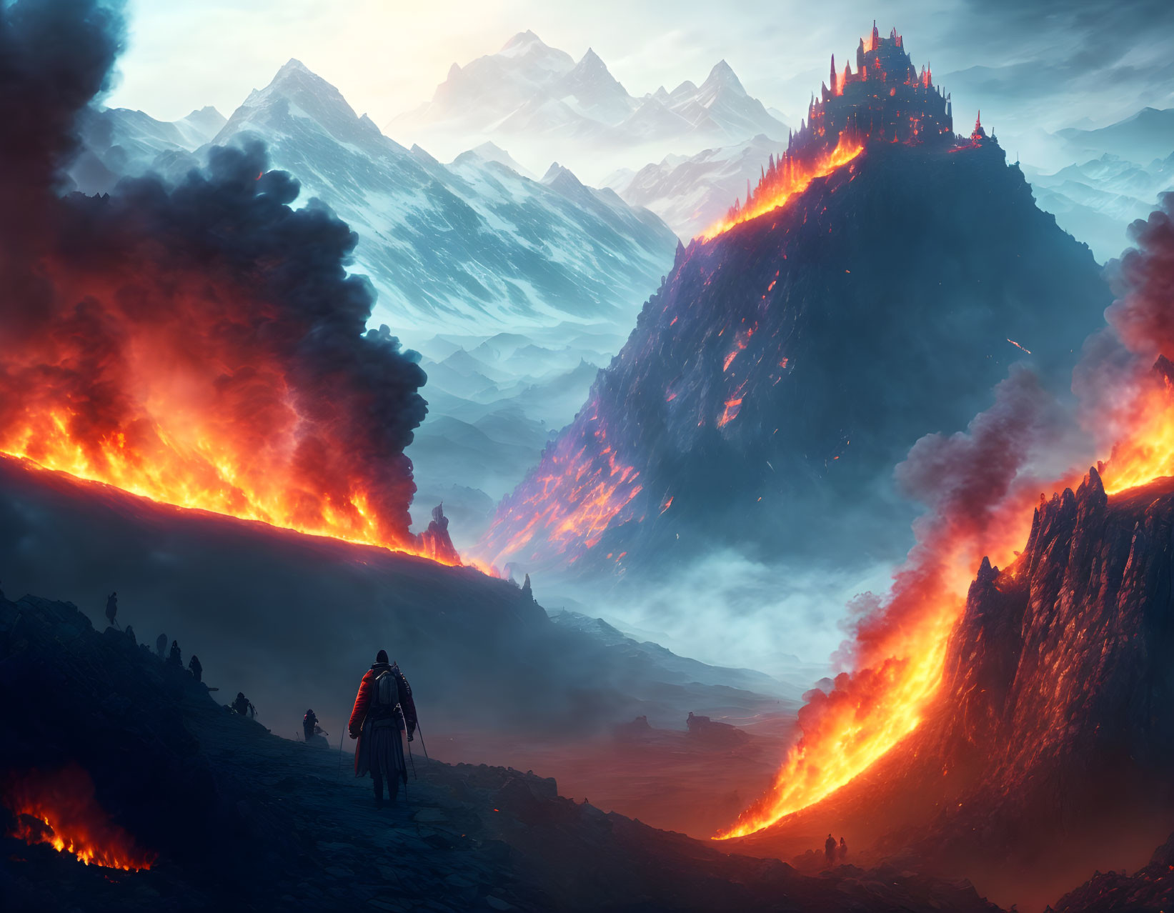 Majestic figure in volcanic landscape with castle and snowy mountains