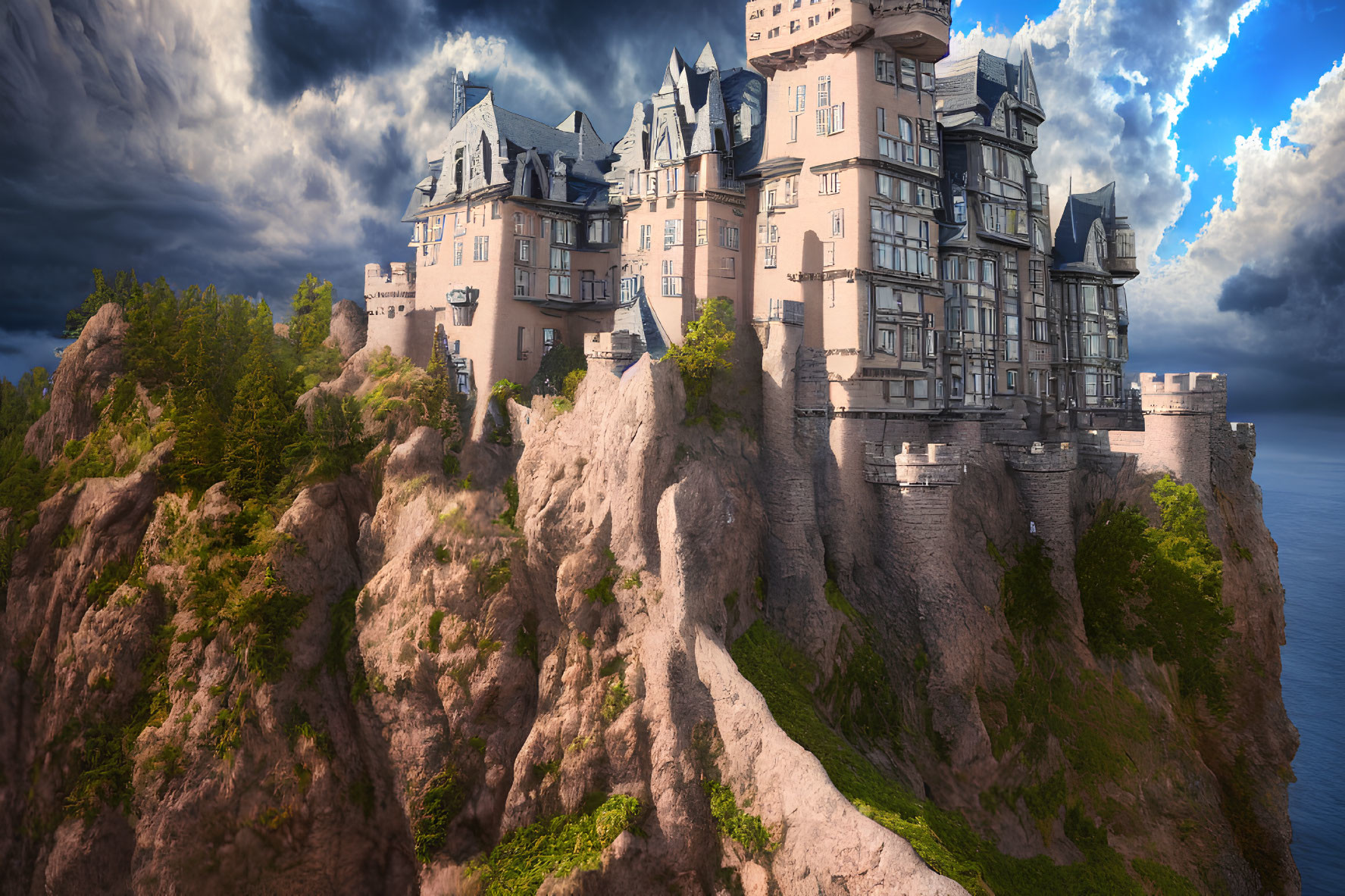 Castle on Cliff Overlooking Stormy Sky and Water