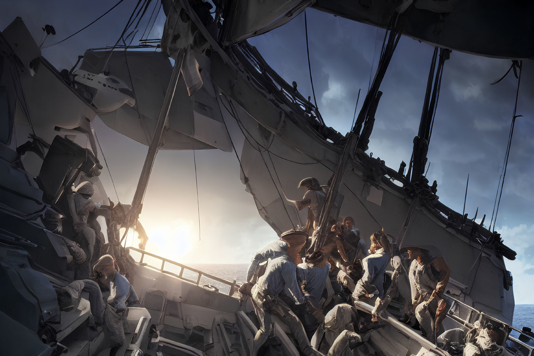 Sailors on damaged wooden ship in calm sea at sunrise or sunset