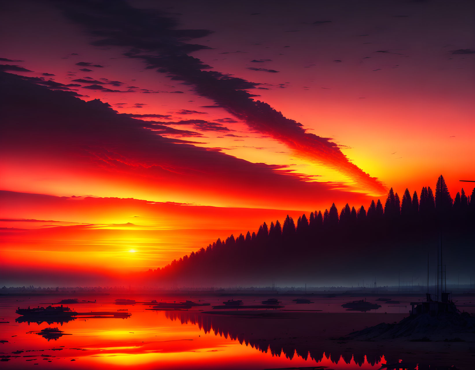 Scenic red sunset over tranquil lake with silhouetted forest, boats, and dramatic clouds