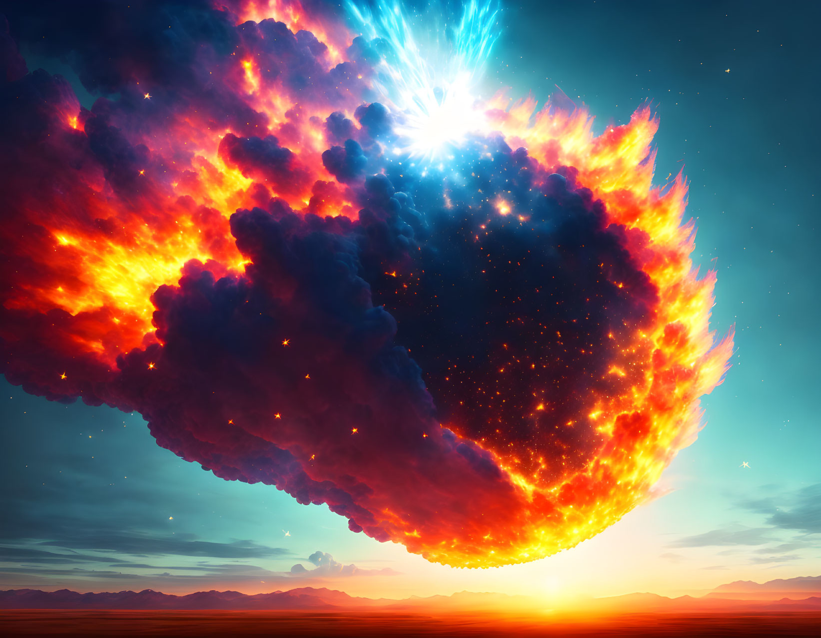 Colorful cosmic explosion over serene desert landscape at twilight