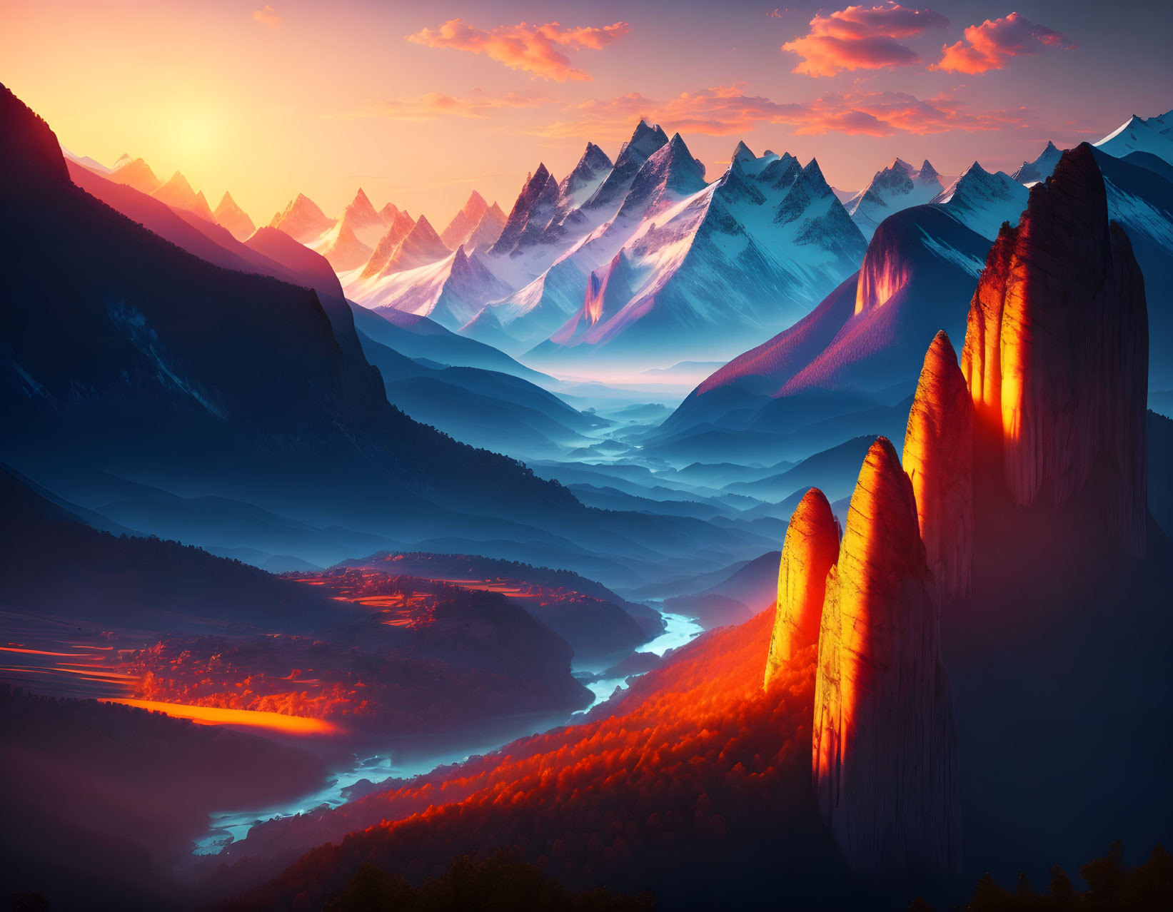 Majestic snow-capped mountains in a fantastical landscape