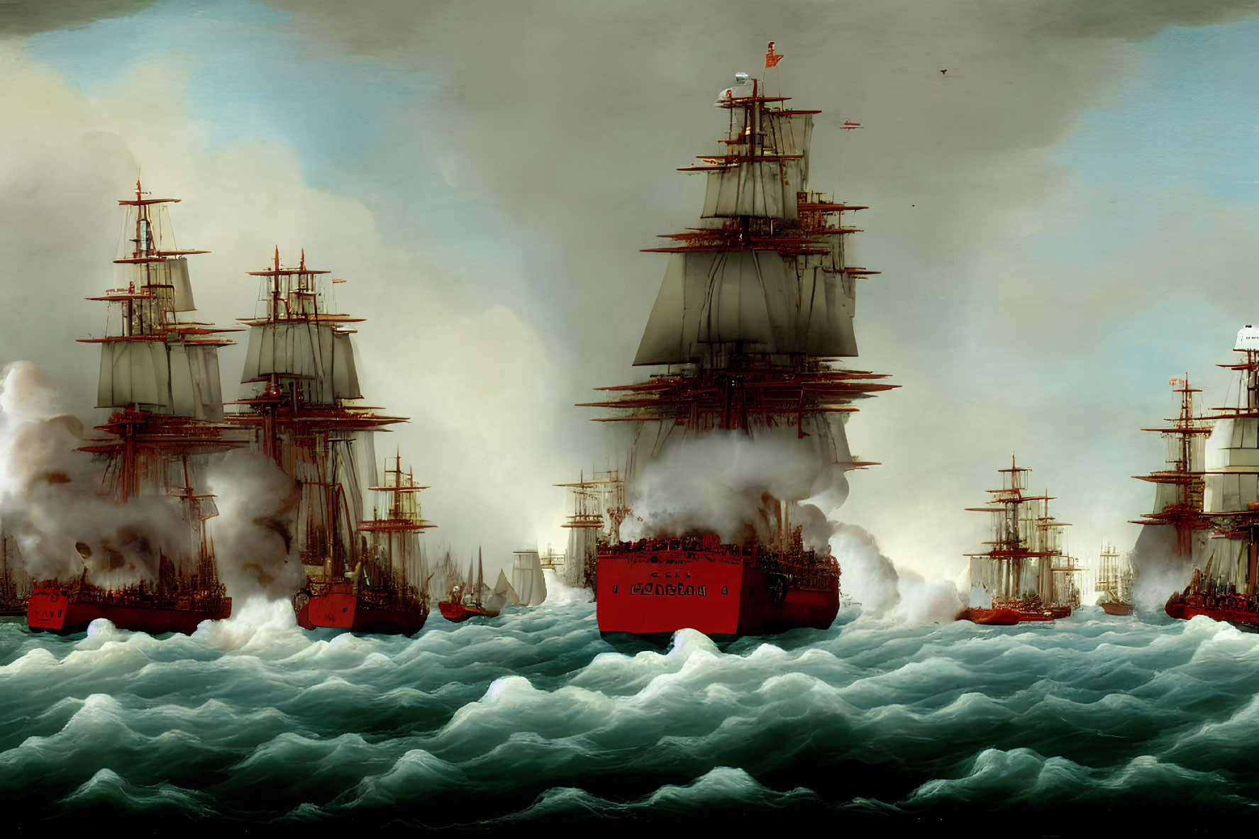 Naval battle scene with sailing ships in tumultuous seas