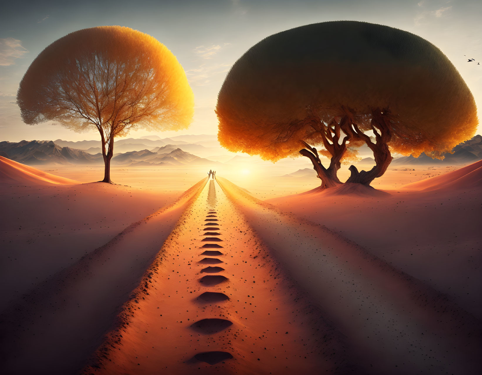 Person walking between round-canopied trees on sandy path under orange sky.