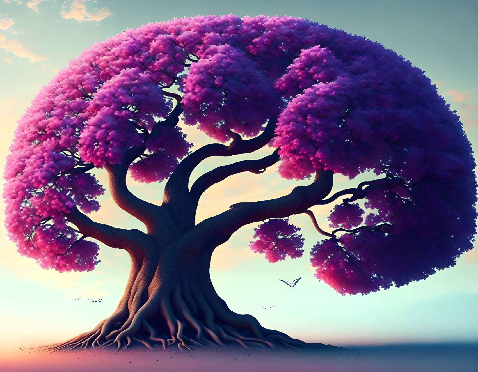 Vibrant purple tree art under pink and blue sky