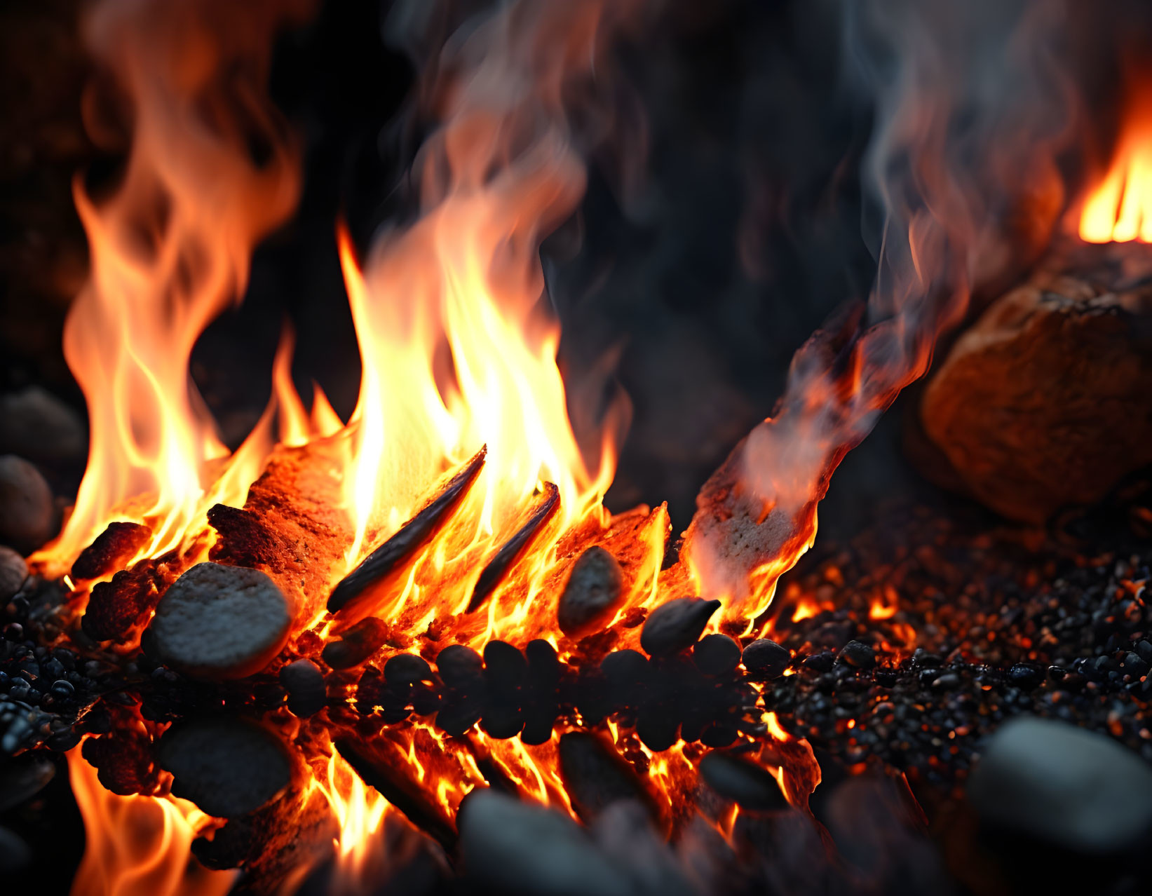 Bright orange flames and embers on dark stones with rising smoke - a cozy campfire scene.