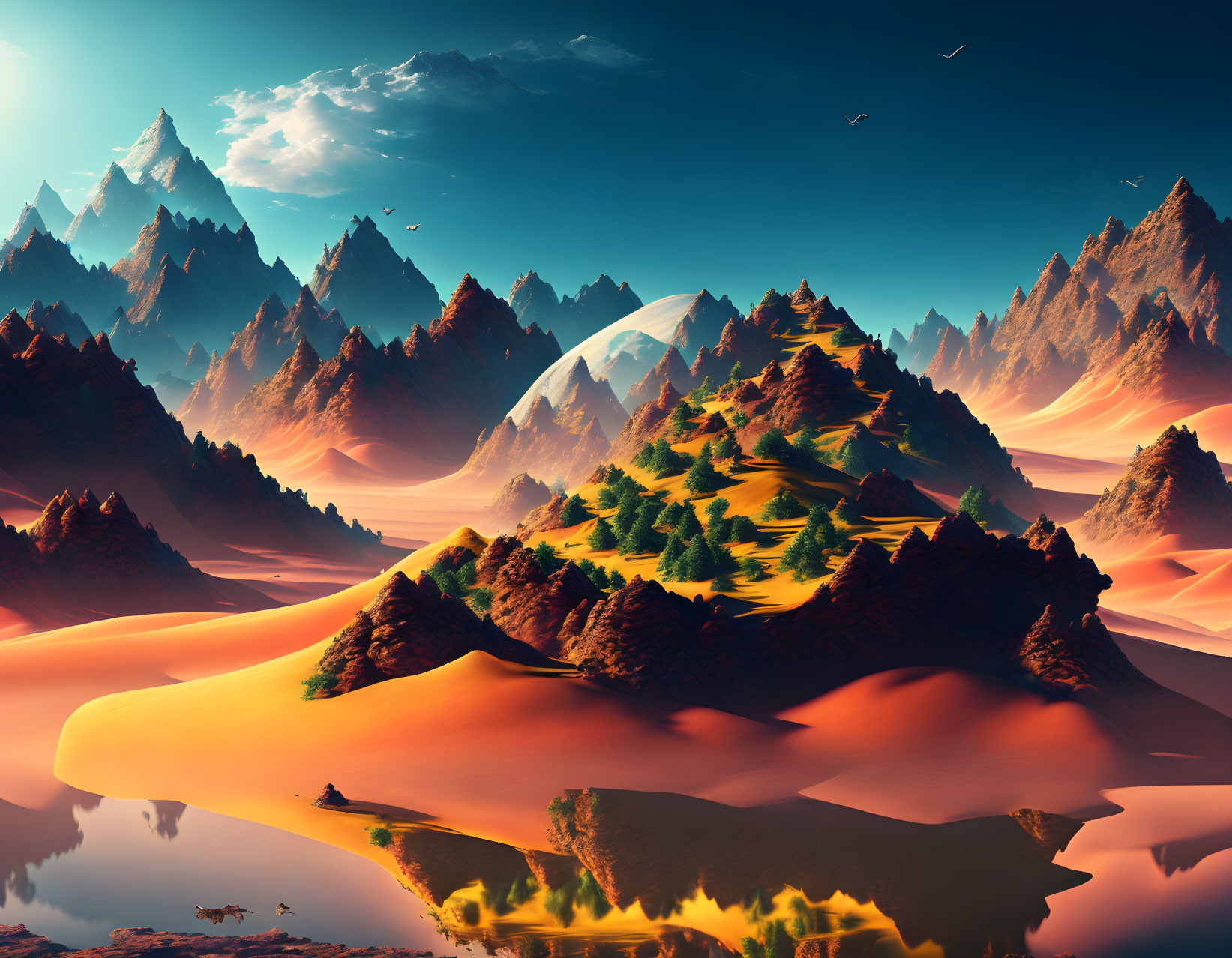 Surreal landscape with pine trees, rocky terrain, sand dunes, water reflection, and large