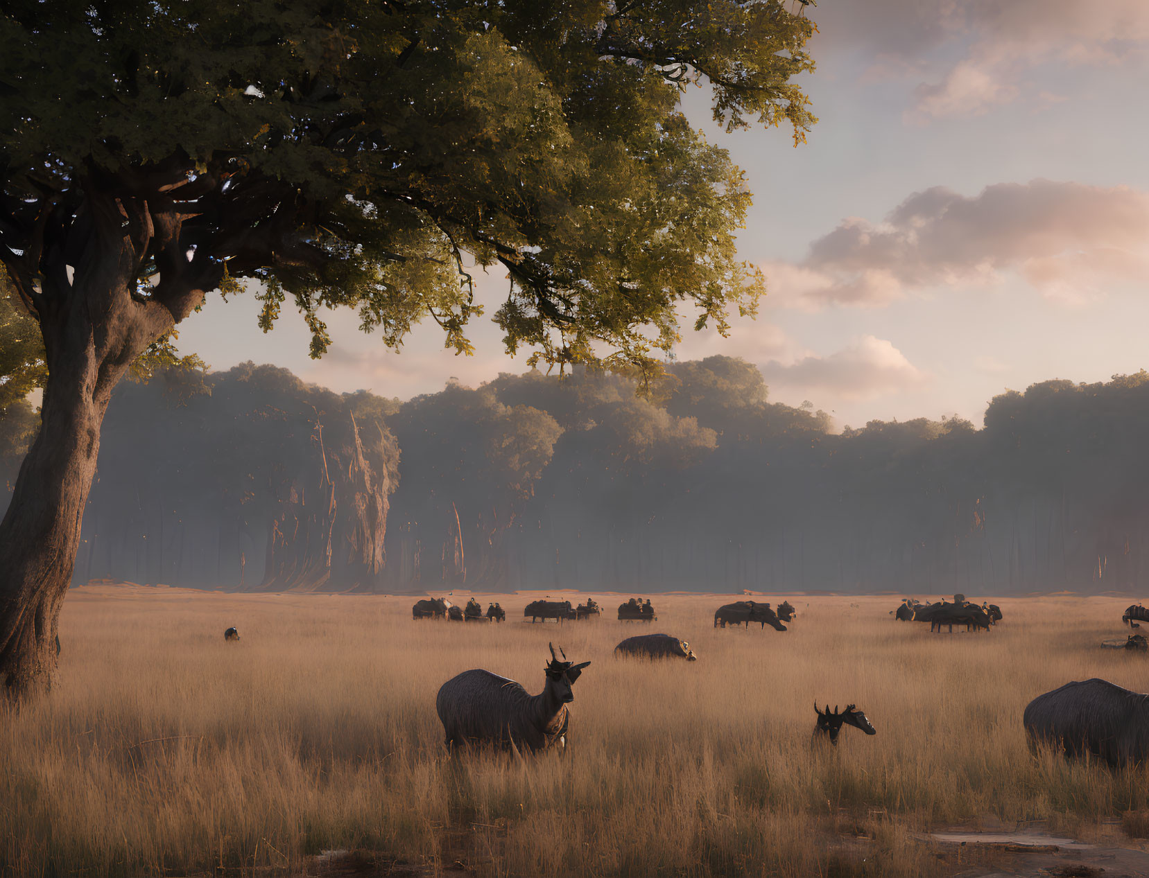 Diverse wildlife grazing in serene savanna at sunrise