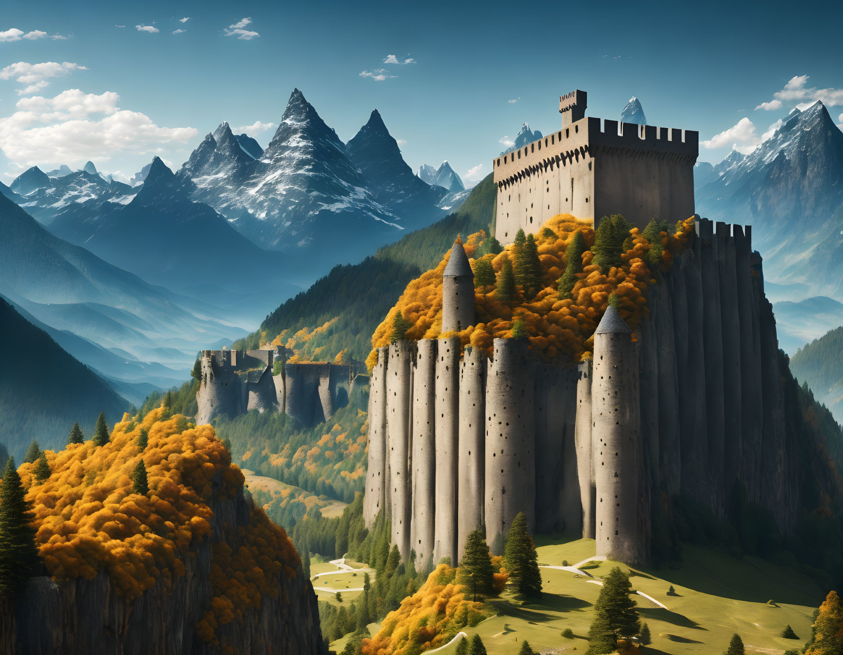 Majestic castle on hill, yellow trees, snowy mountains, blue sky