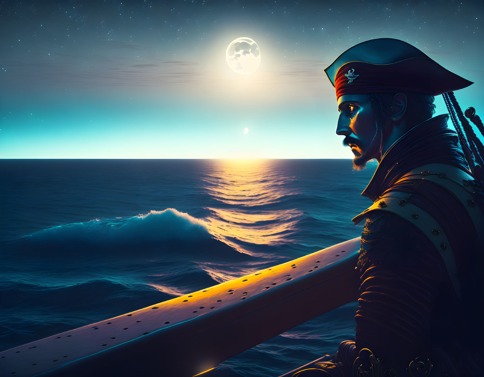 Moonlit Night Pirate Digital Illustration with Sea View