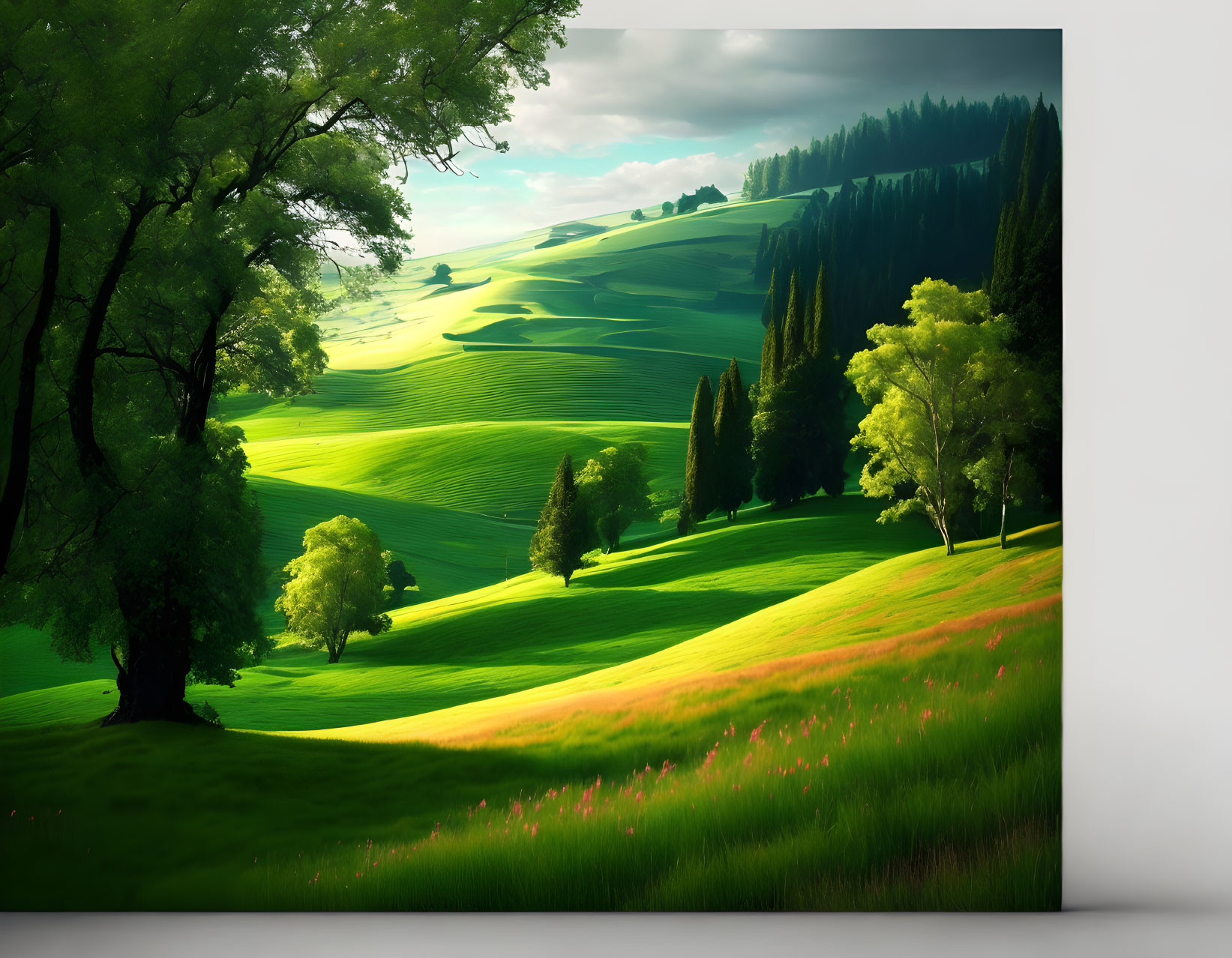 Vibrant trees on lush green rolling hills under soft golden light