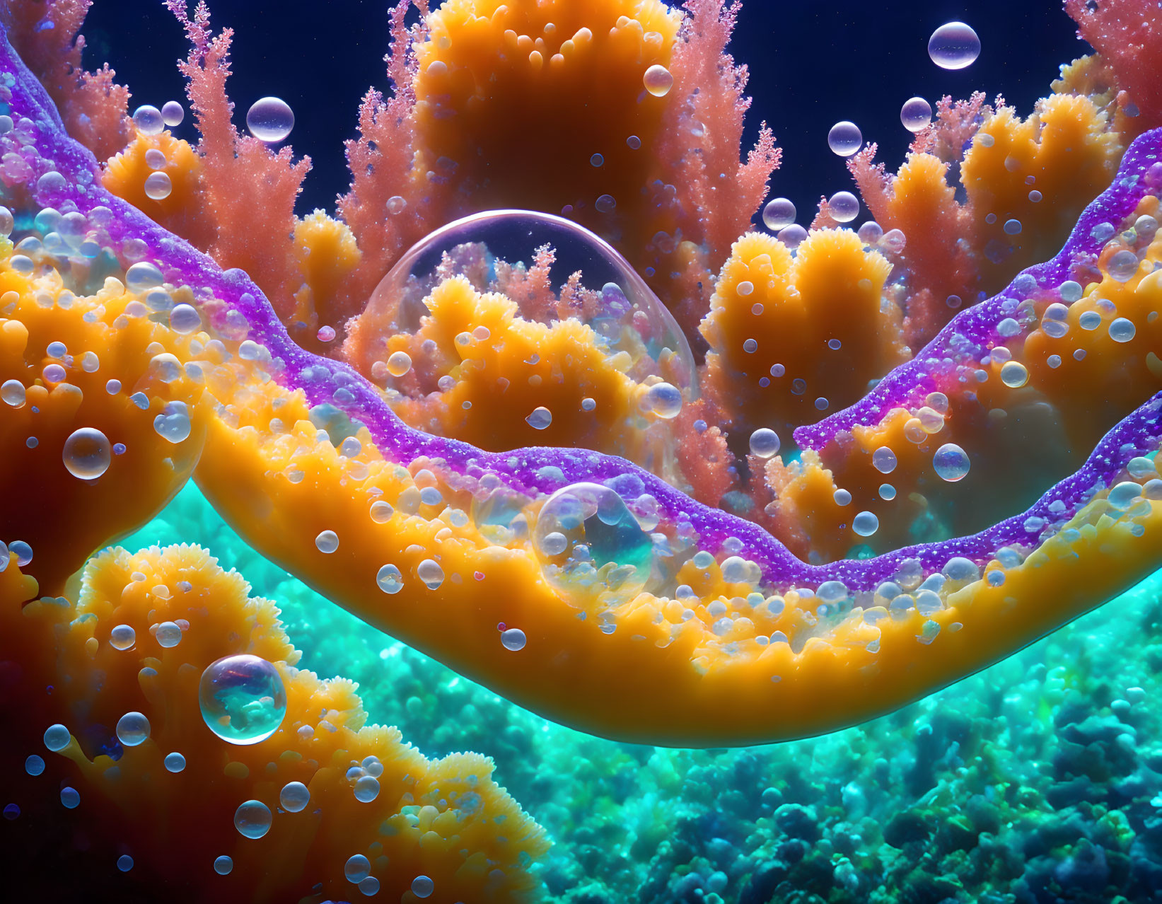 Colorful Underwater Coral Scene with Orange Tendril and Bubbles