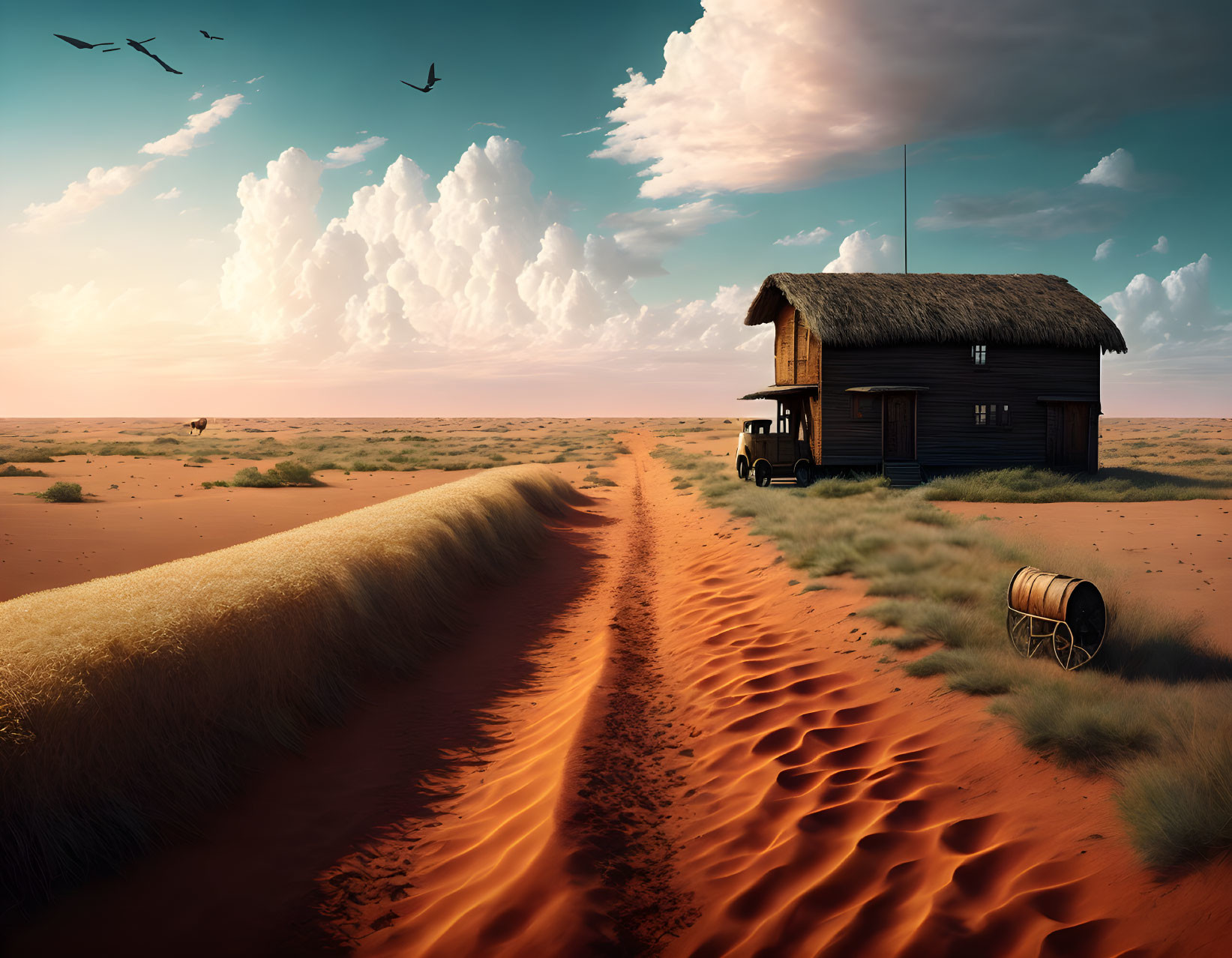 Desert wooden cabin near sandy road with barrel and birds