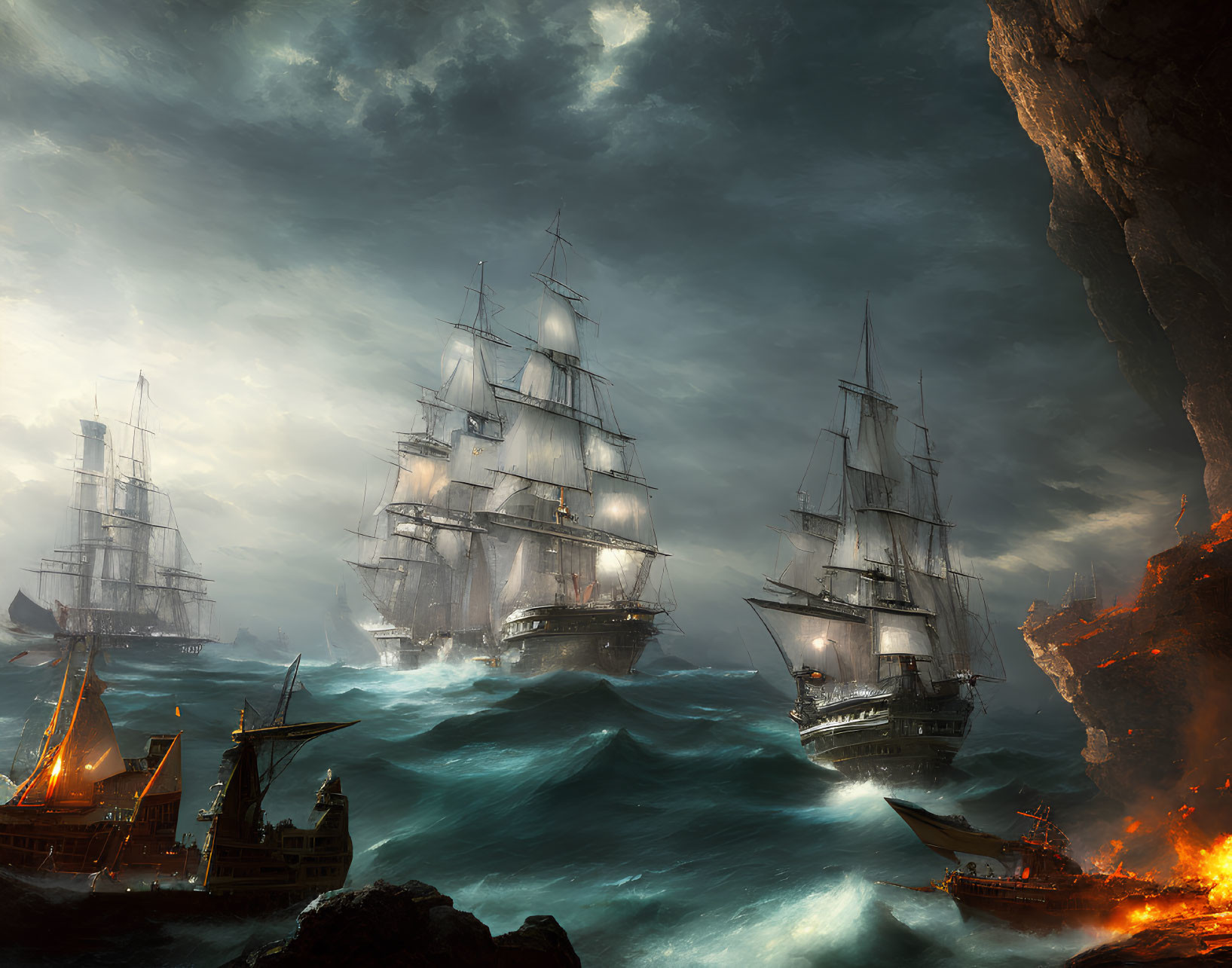 Tall ships in stormy seas amidst fiery wreckage and dark sky