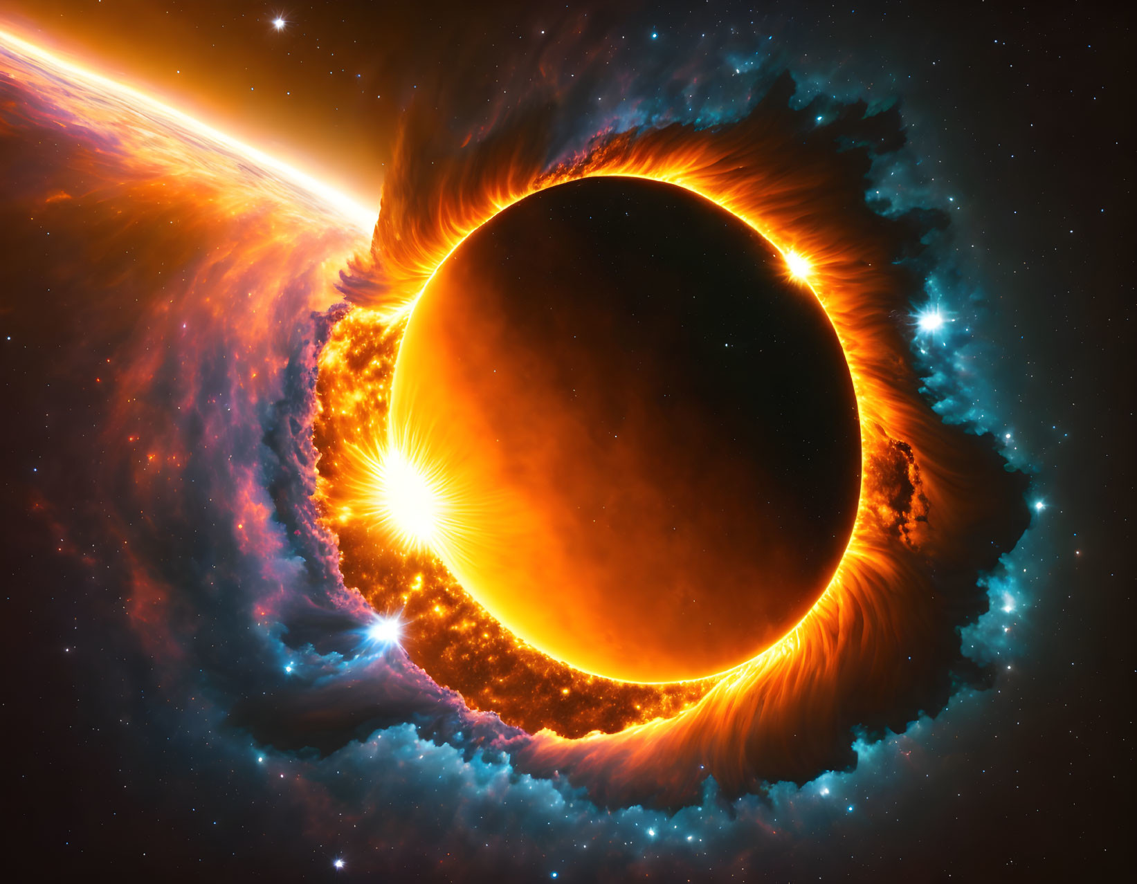 Bright fiery ring and nebula clouds in vibrant cosmic scene