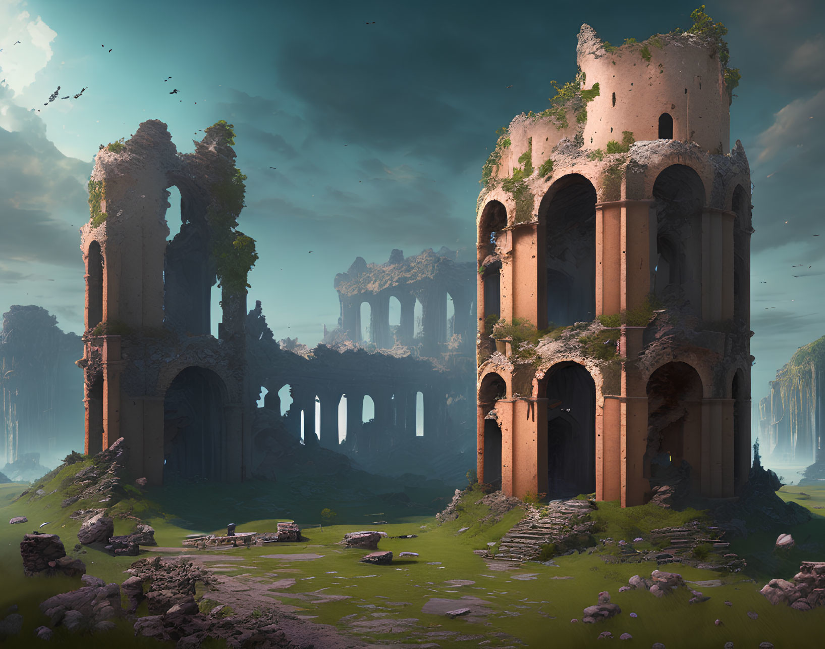 Ancient ruins with arches and columns in misty green landscape