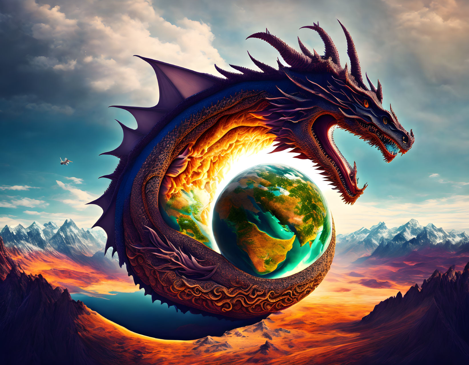 Majestic dragon encircling glowing Earth in dramatic sky