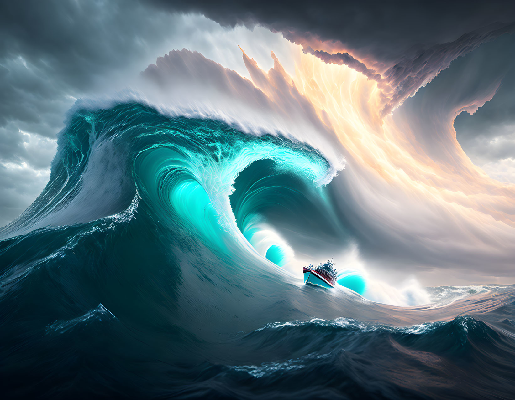 Stormy skies over ship in immense waves with surreal illuminated cresting wave