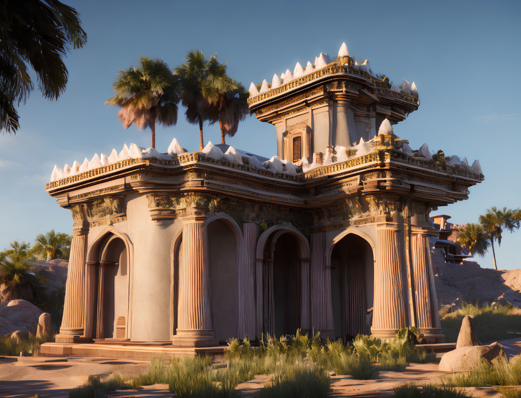 Ancient temple with intricate carvings in sunset glow