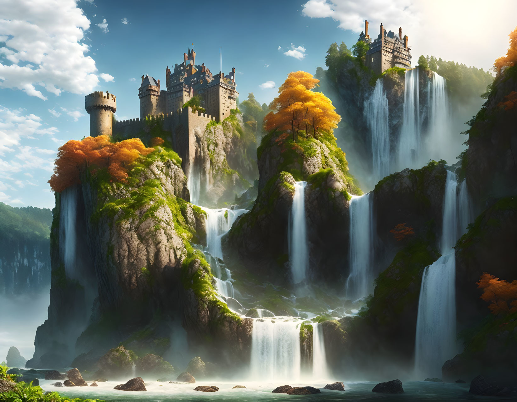 Majestic castle on cliffs in lush forest with waterfalls