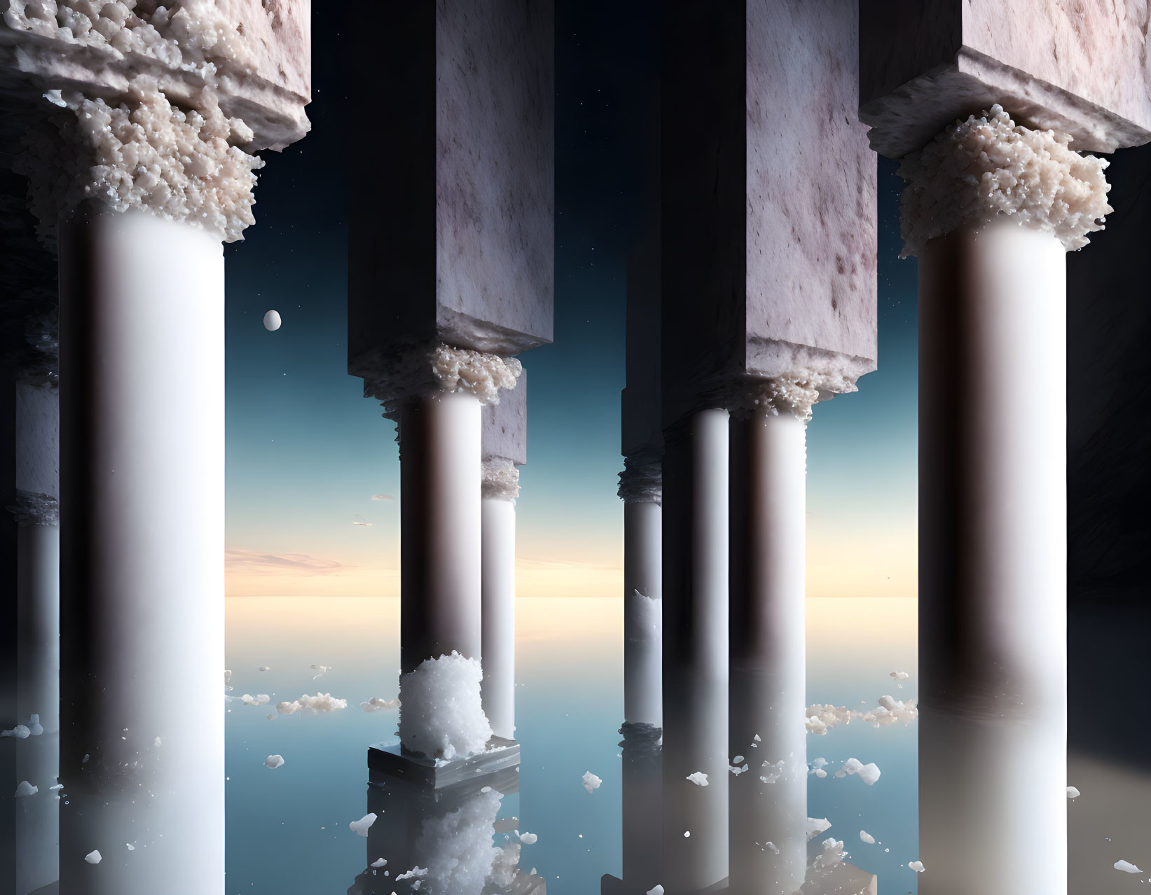 Surreal Greek columns against twilight sky and serene water blend classical architecture with dreamlike scenery