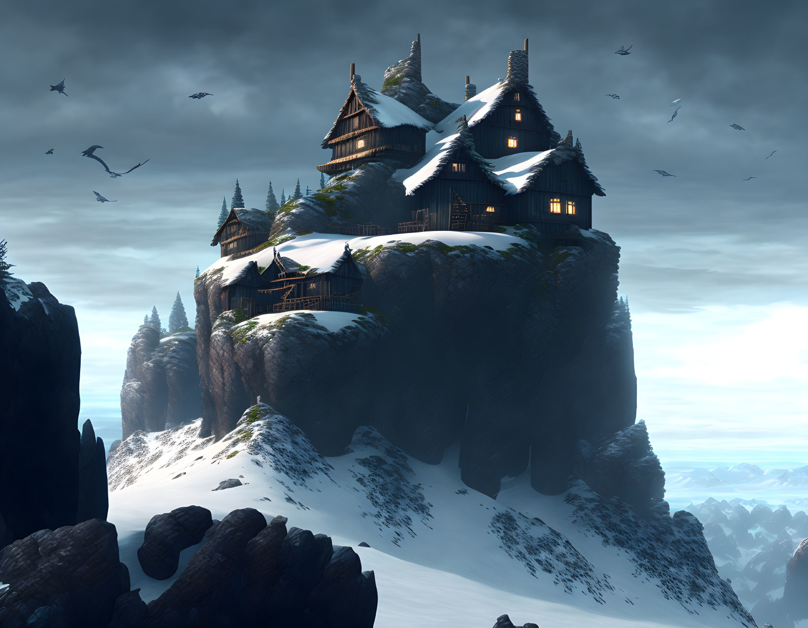 Snowy Mountain Peak with Wooden Fortress and Flying Birds at Dusk