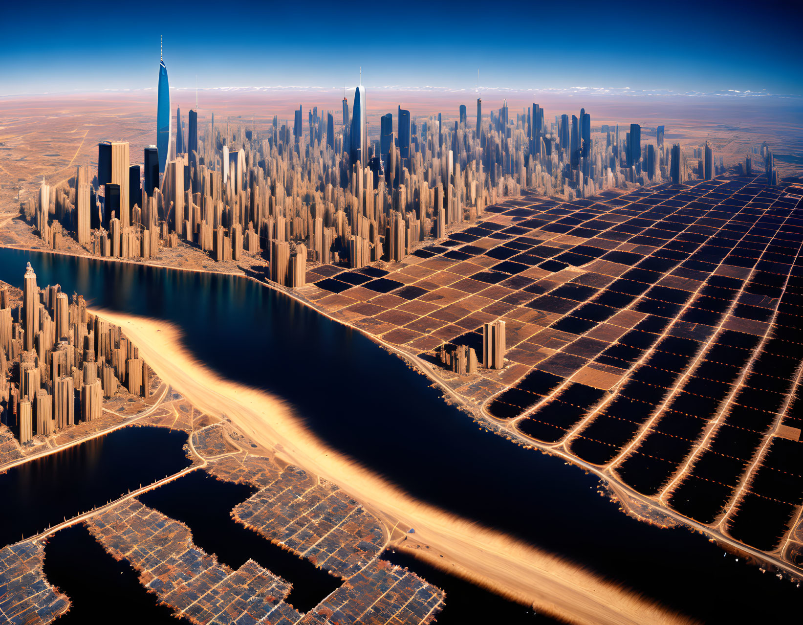 Futuristic city skyline with skyscrapers, river, and solar panels