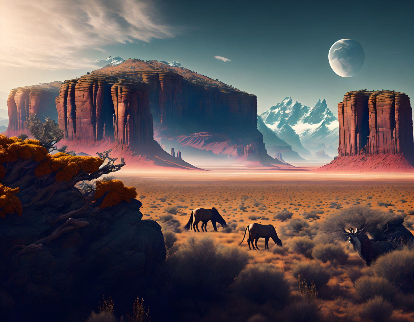 Elephants in surreal landscape with red rock formations