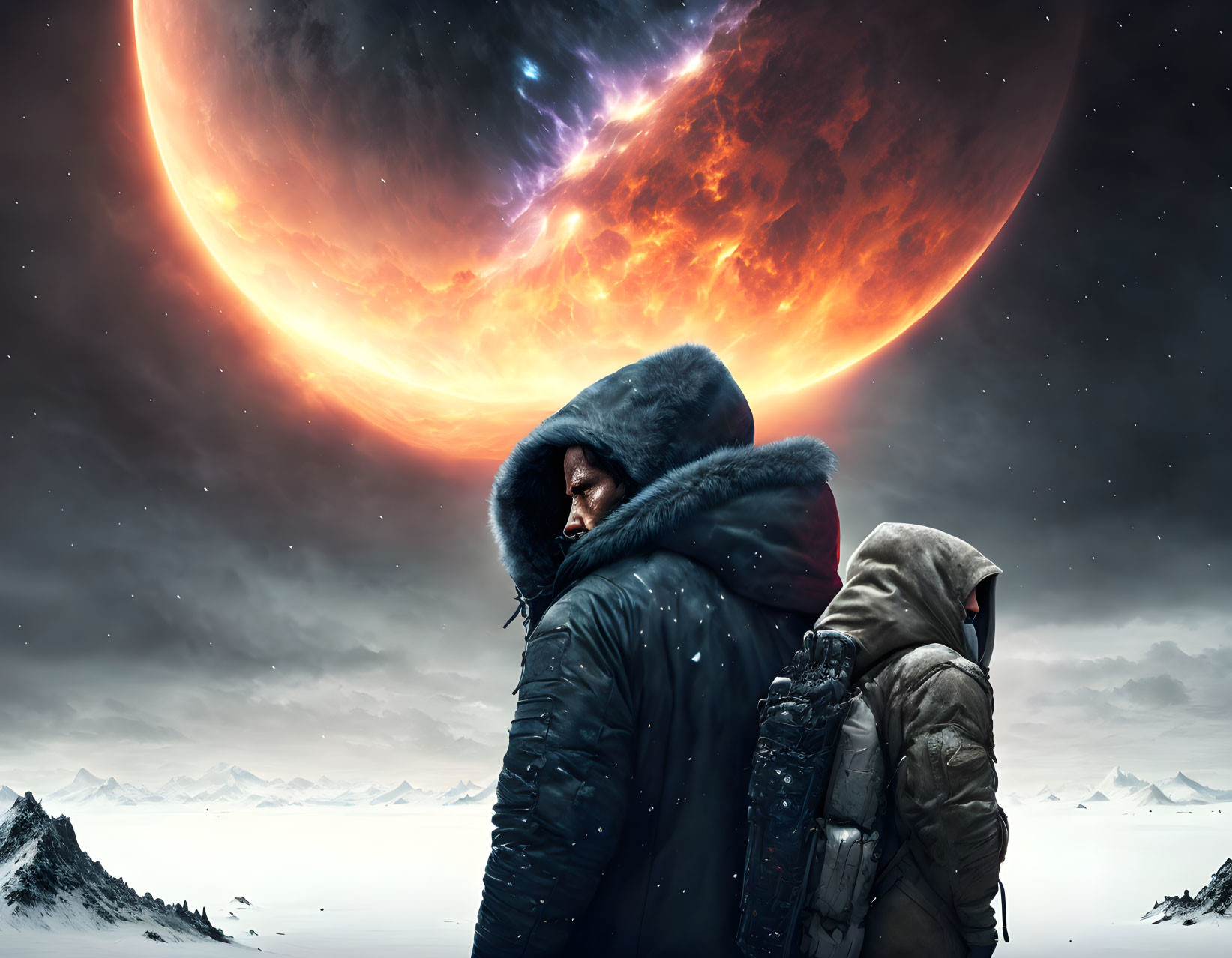 Two individuals in winter gear under cosmic sky with large planet and mountains.