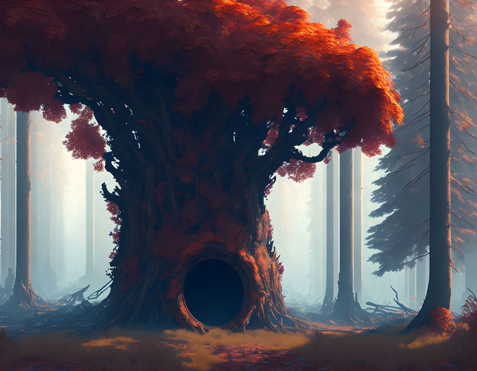 Mystical giant tree in foggy forest under warm light