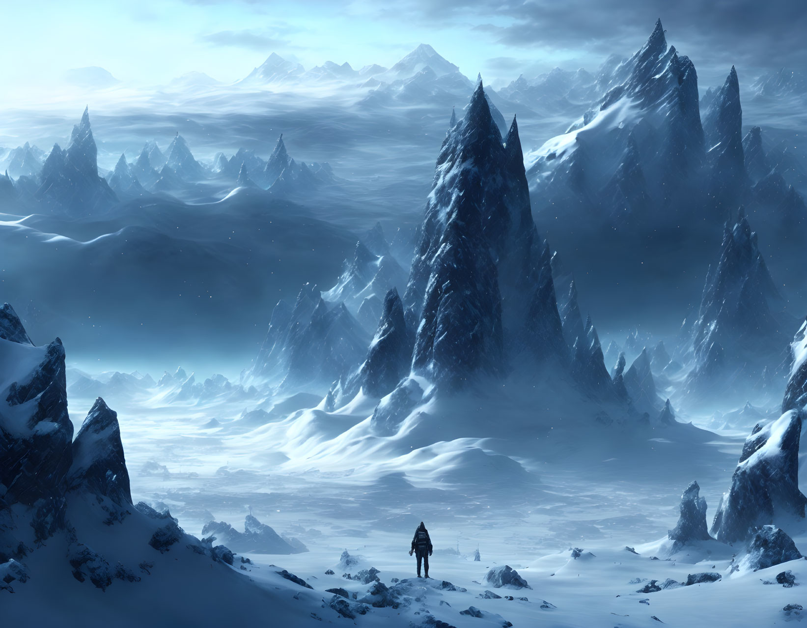 Solitary figure in snow-covered landscape with mountains under blue sky