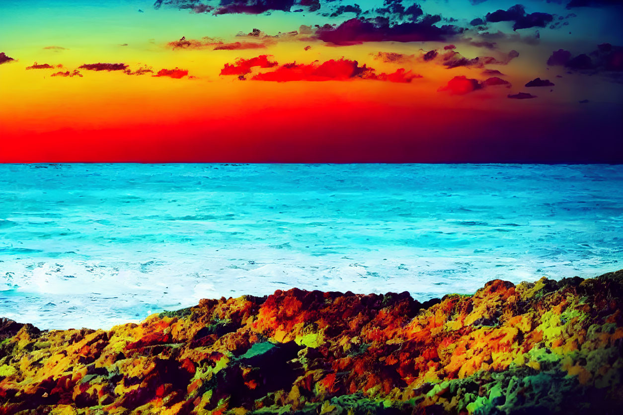 Colorful Ocean Sunset Silhouetting Rocky Shoreline