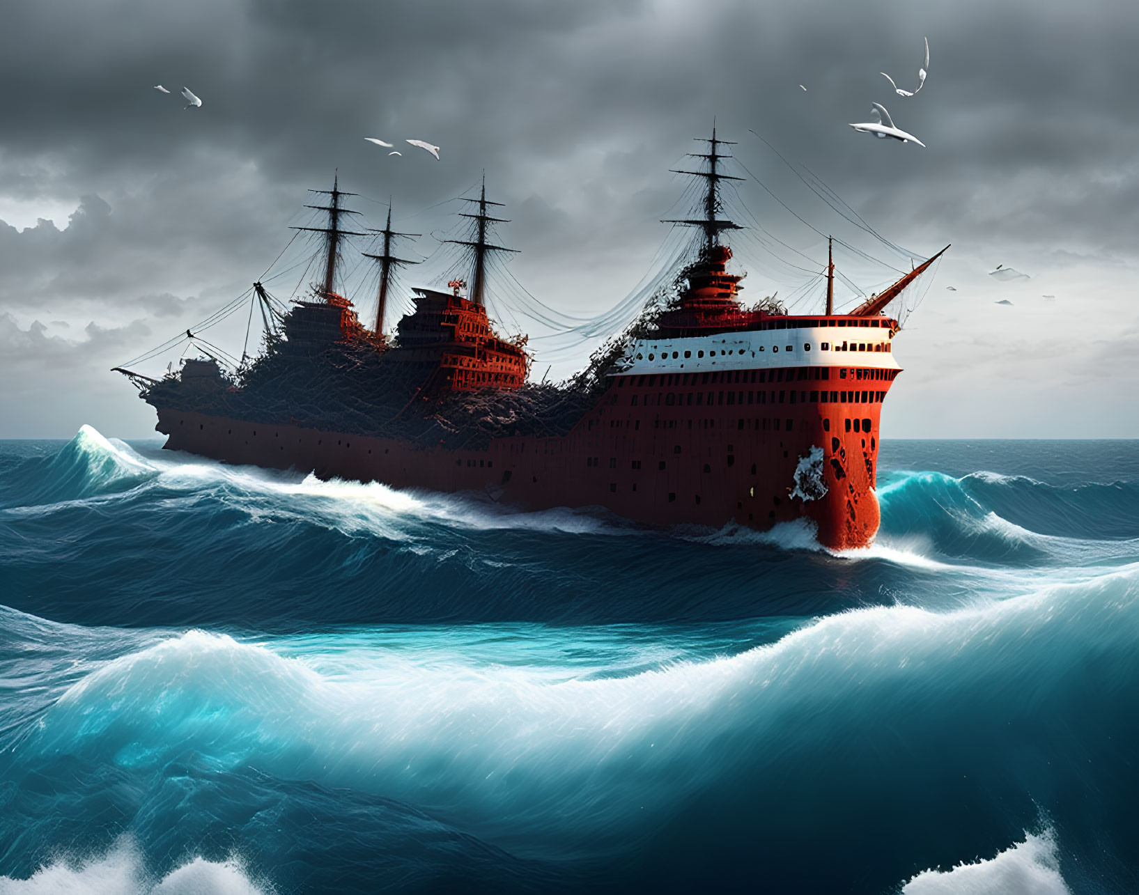 Hybrid ship with masts and steamship body in stormy seas