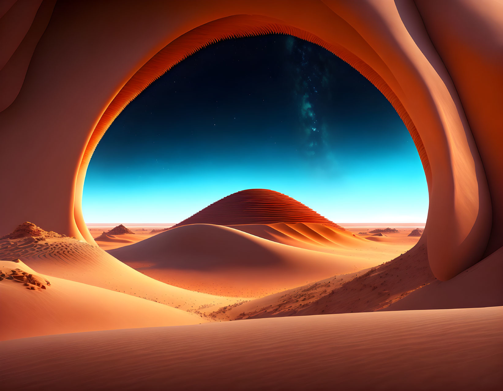 Sand dunes seen through natural rock arch under starry sky