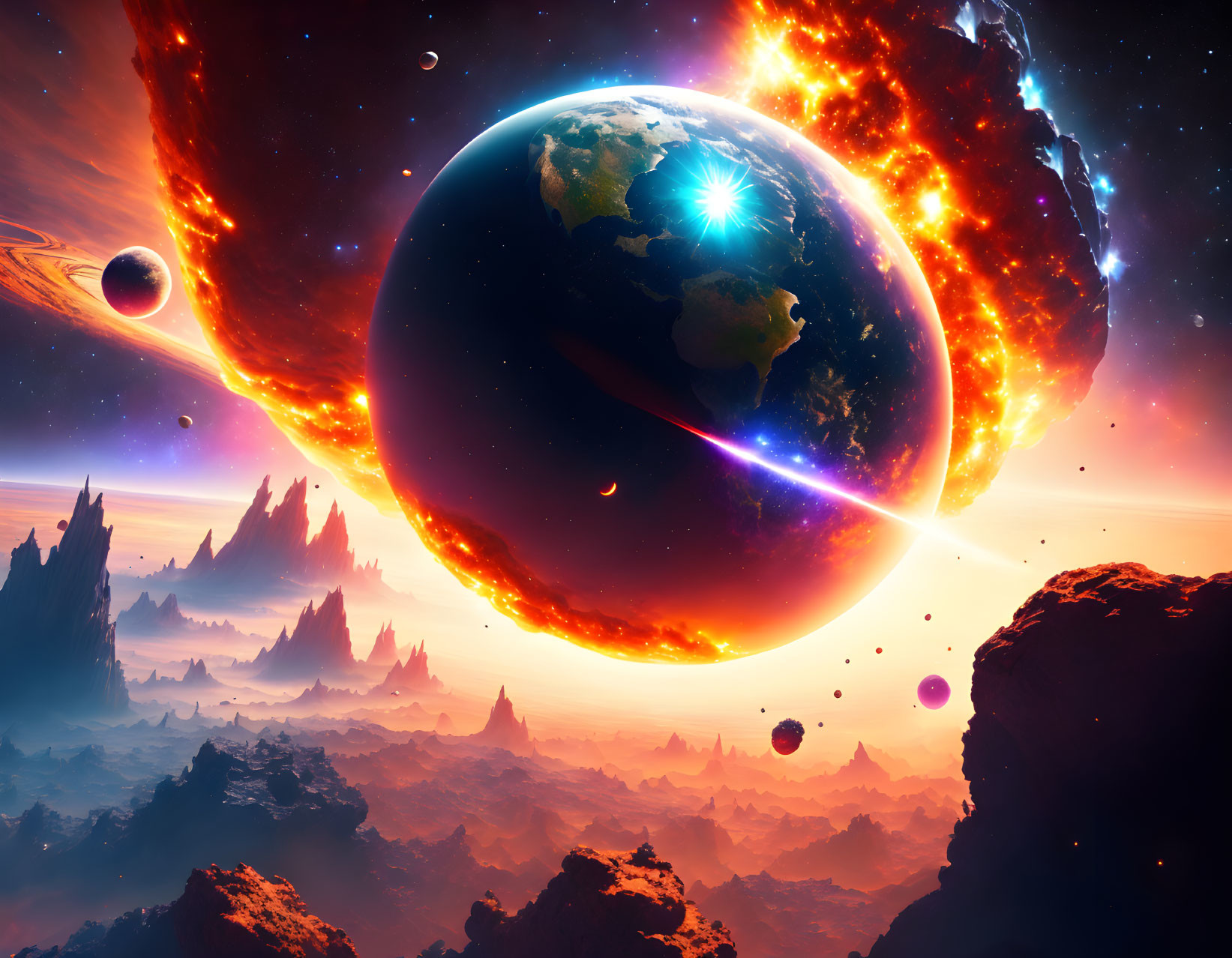 Cosmic scene with Earth-like planet, fiery sun, asteroids, and starry sky.