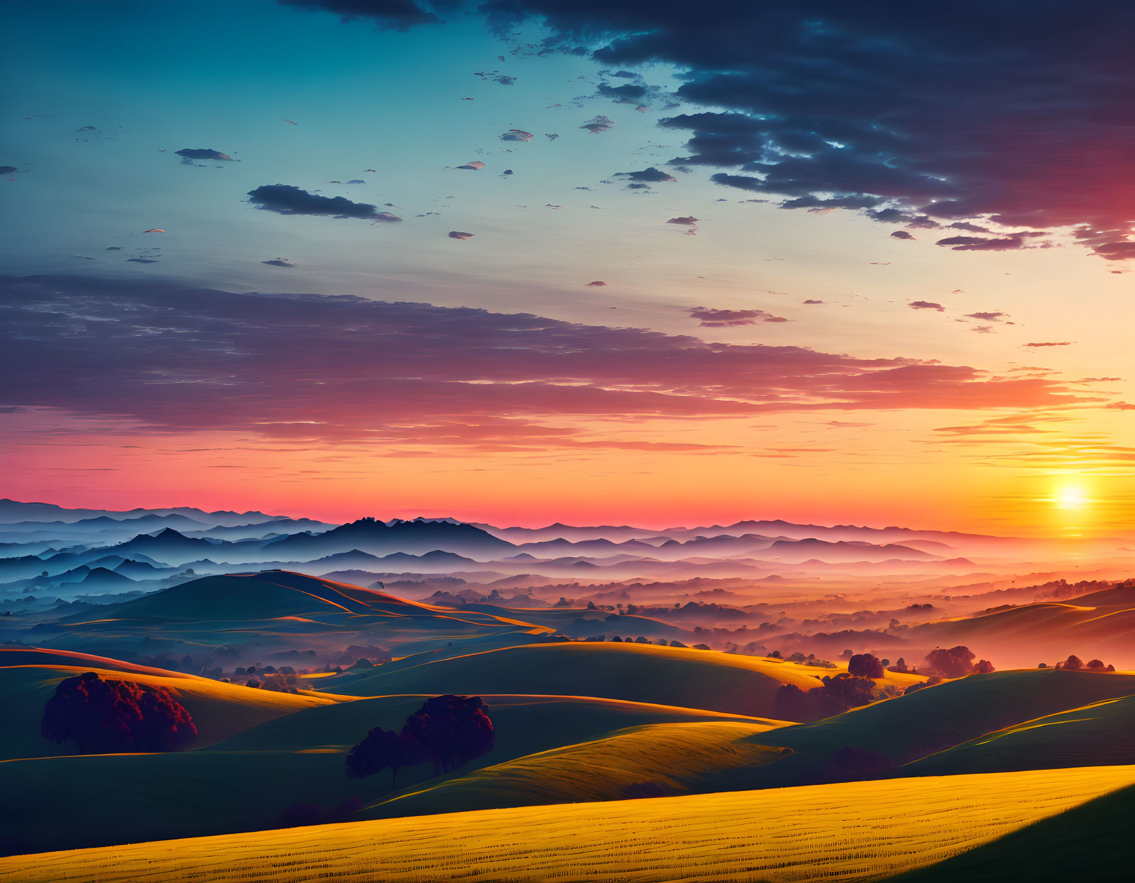 Vibrant sunrise over rolling hills and layered mountain silhouettes