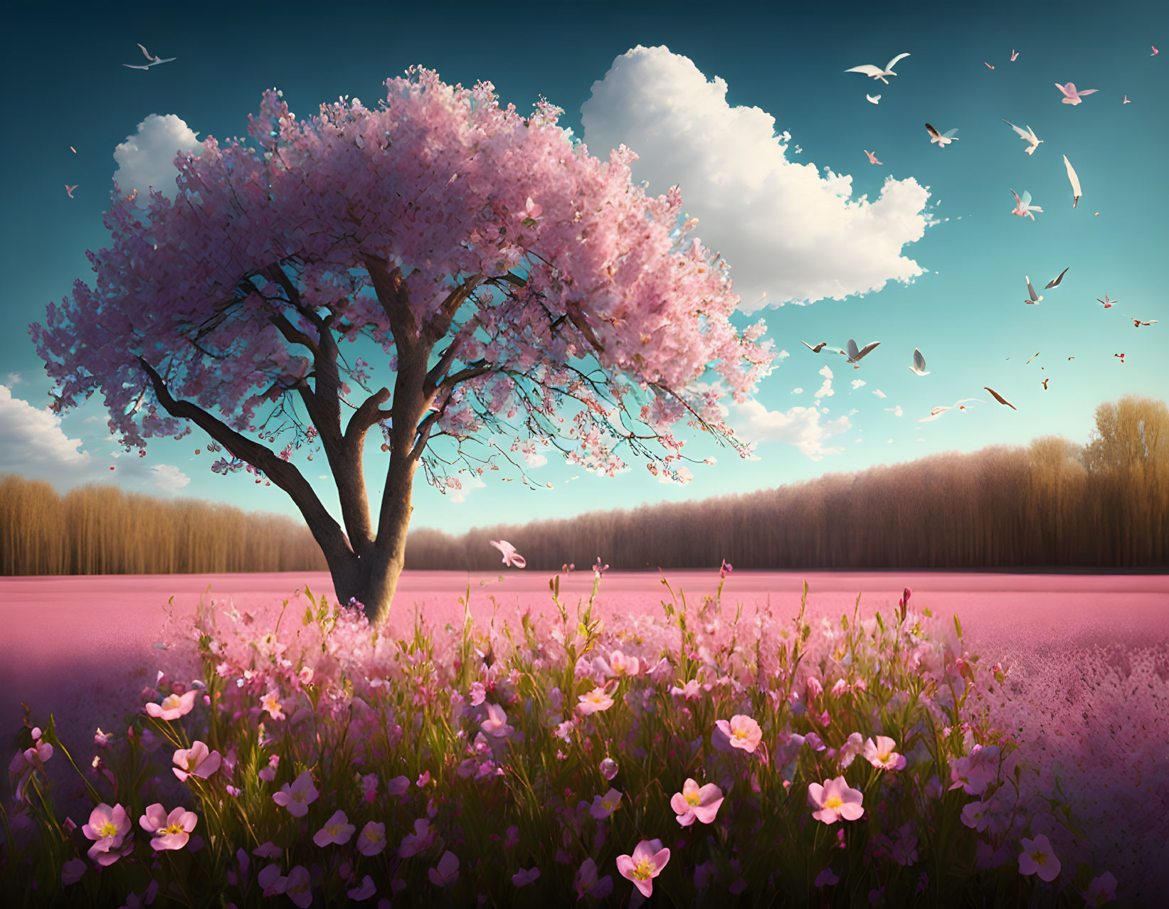 Colorful landscape with pink tree, flowers, and birds under blue sky