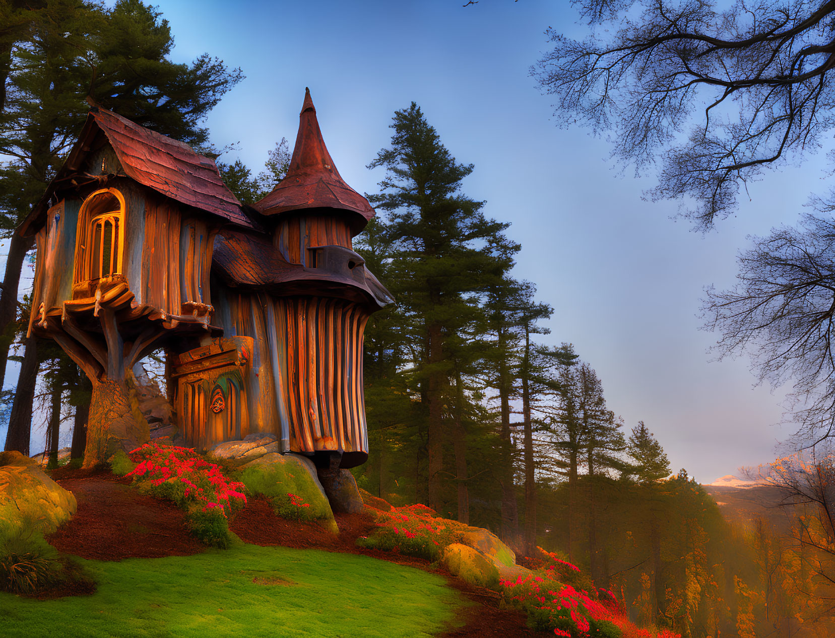 Wooden treehouse with conical roof in forested hillside at sunset