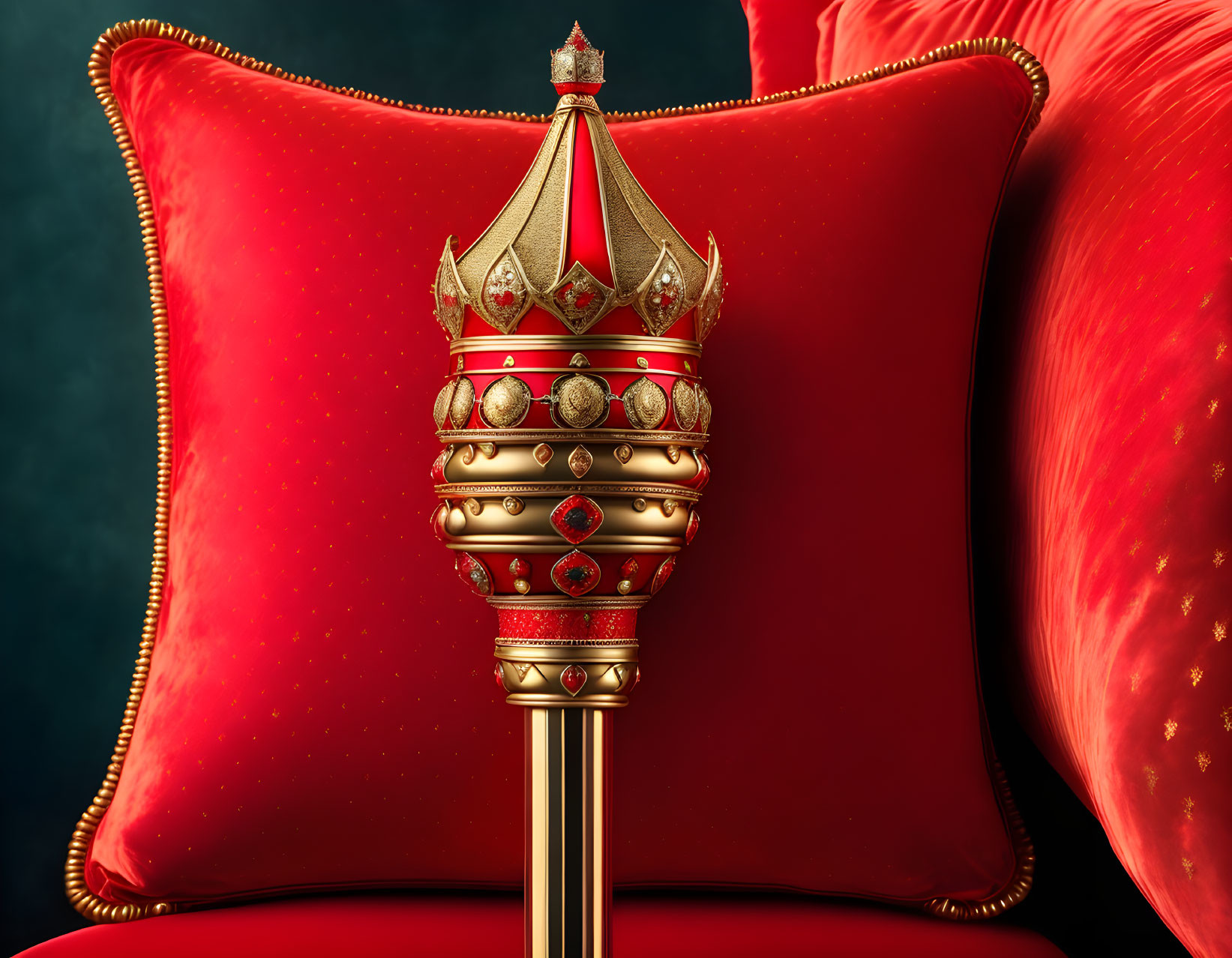 Golden jeweled scepter on red pillow against dark background