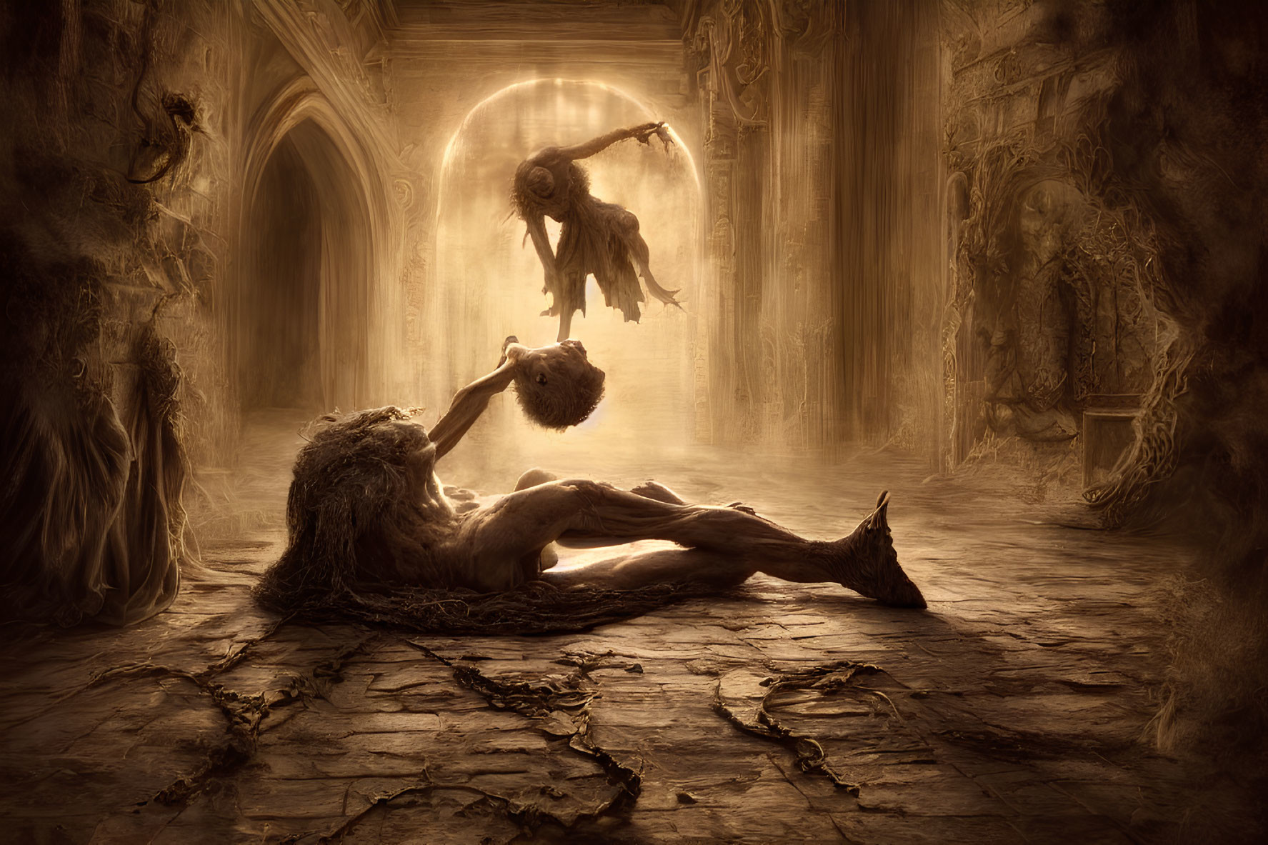 Surreal artwork: humanoid figure rising from lying body in ancient hall