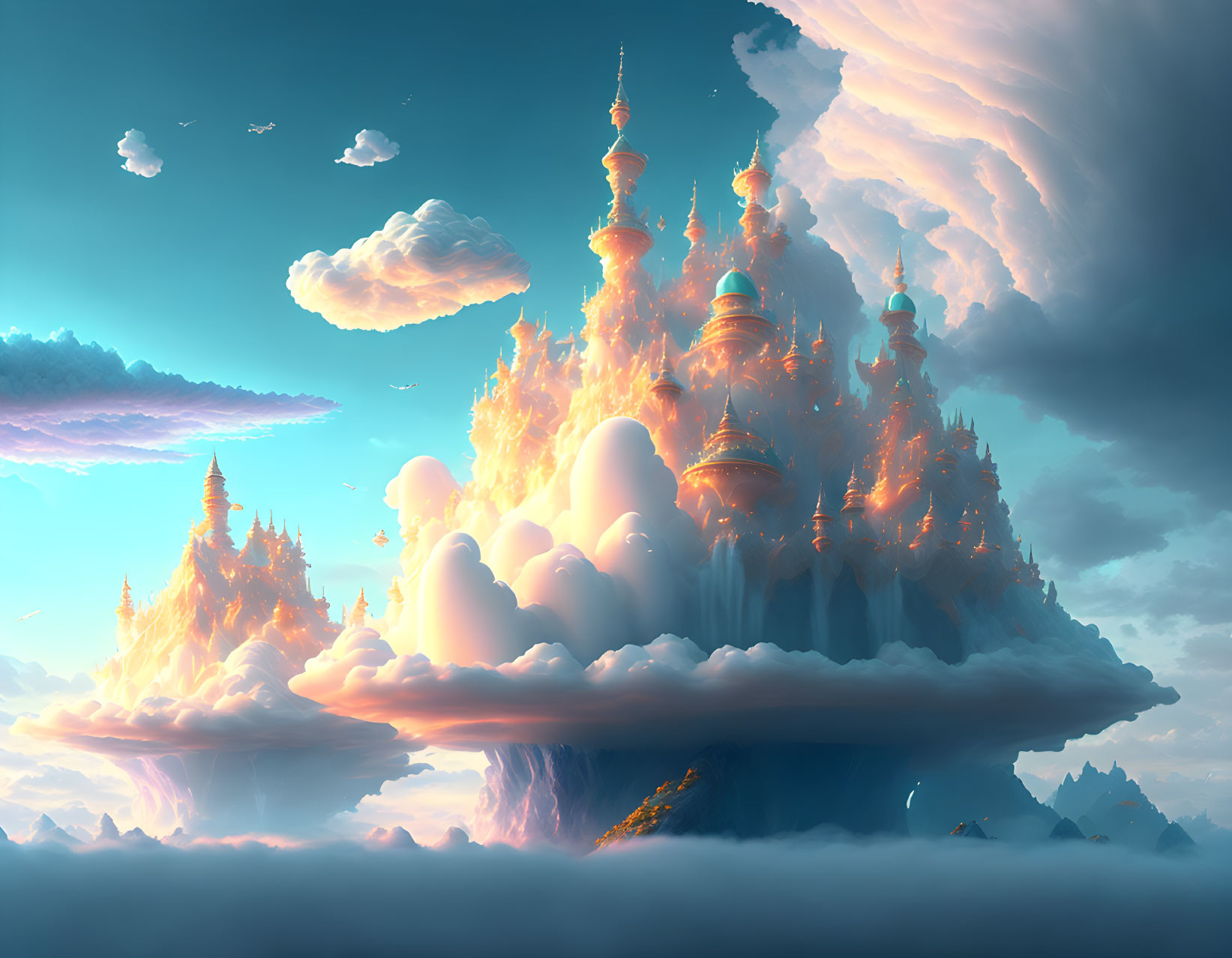 Majestic floating city with ornate spires in golden sunlight