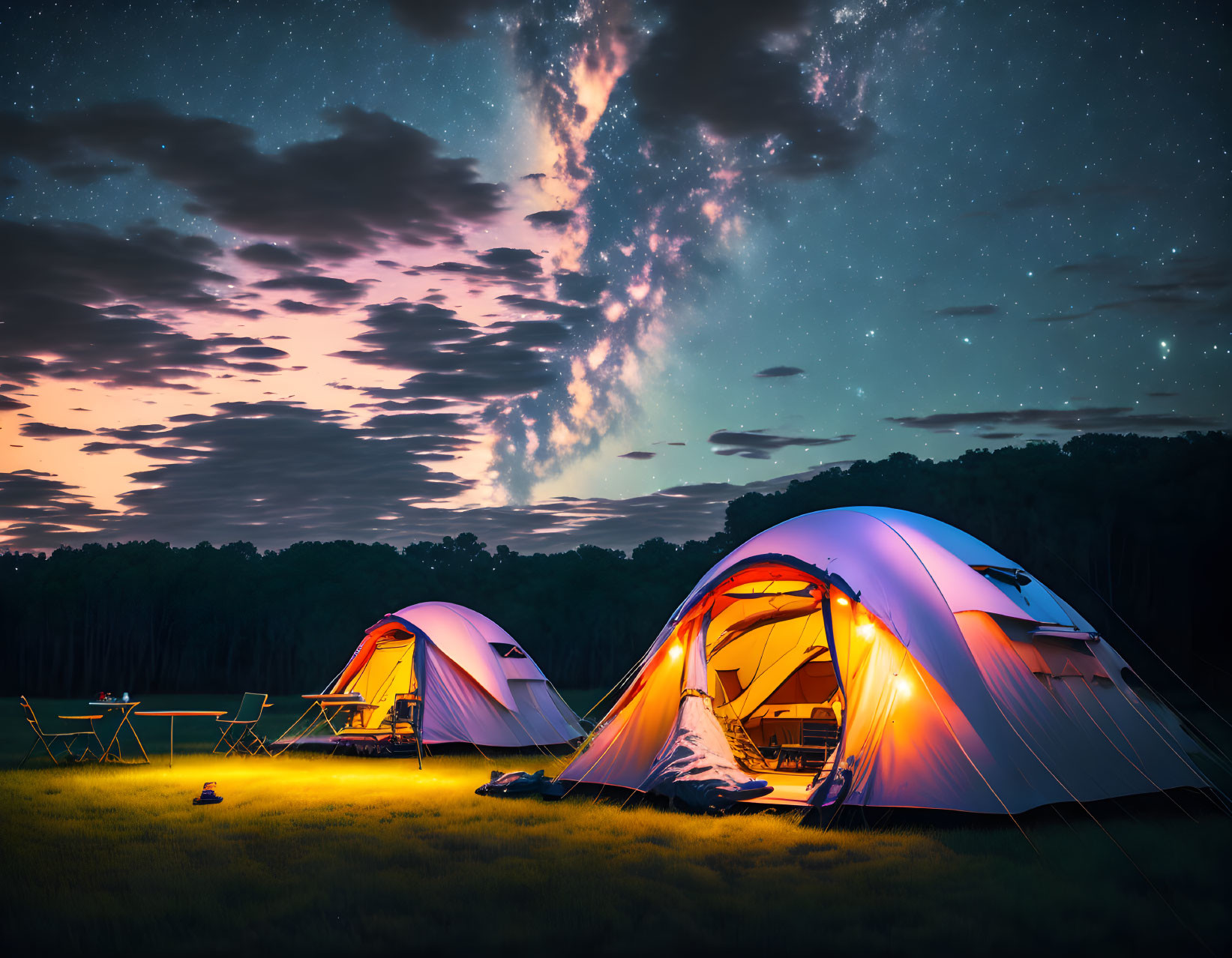 Nighttime campsite with illuminated tents under starry sky