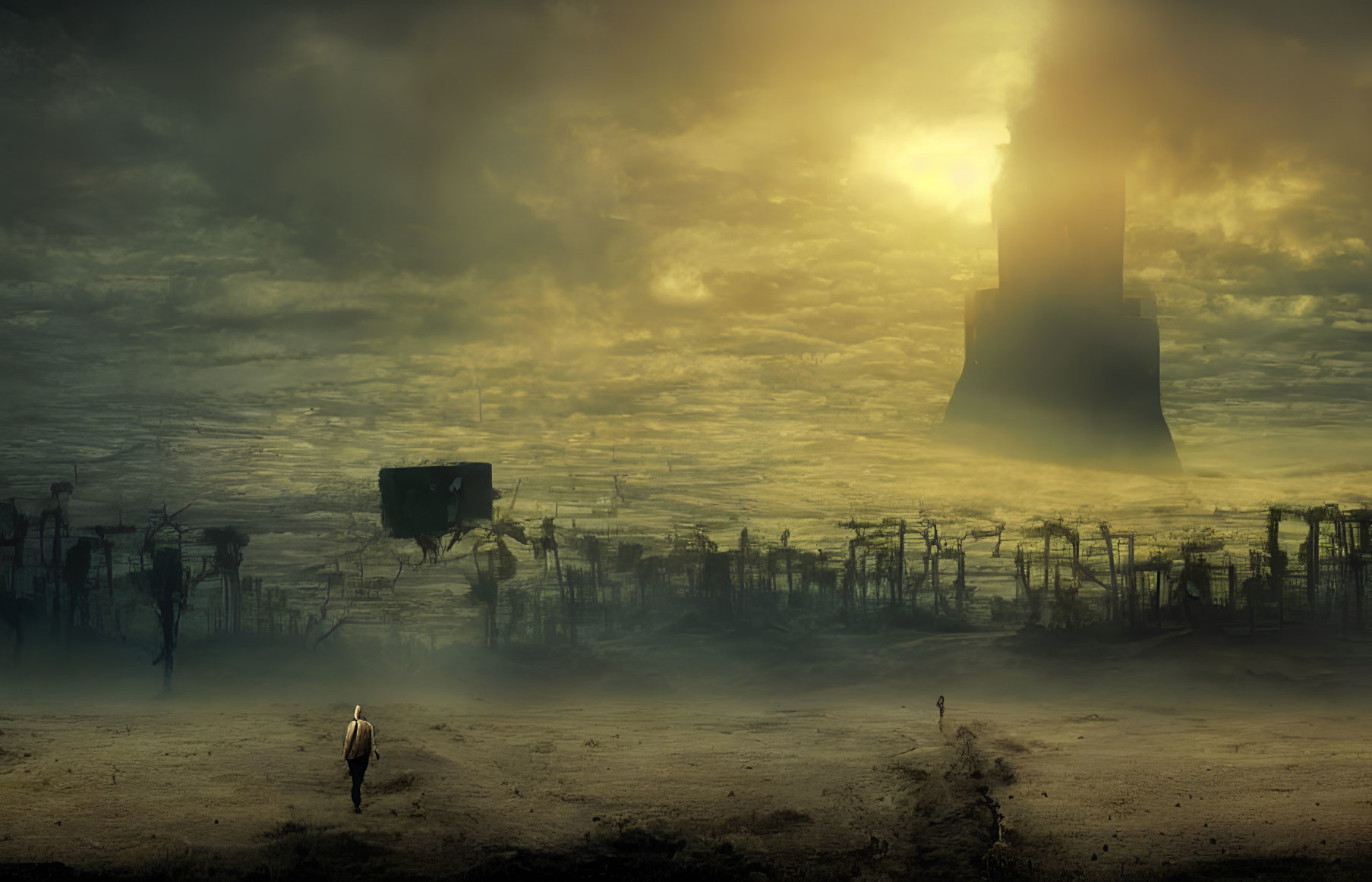 Dark Tower in Dystopian Landscape with Dramatic Sun